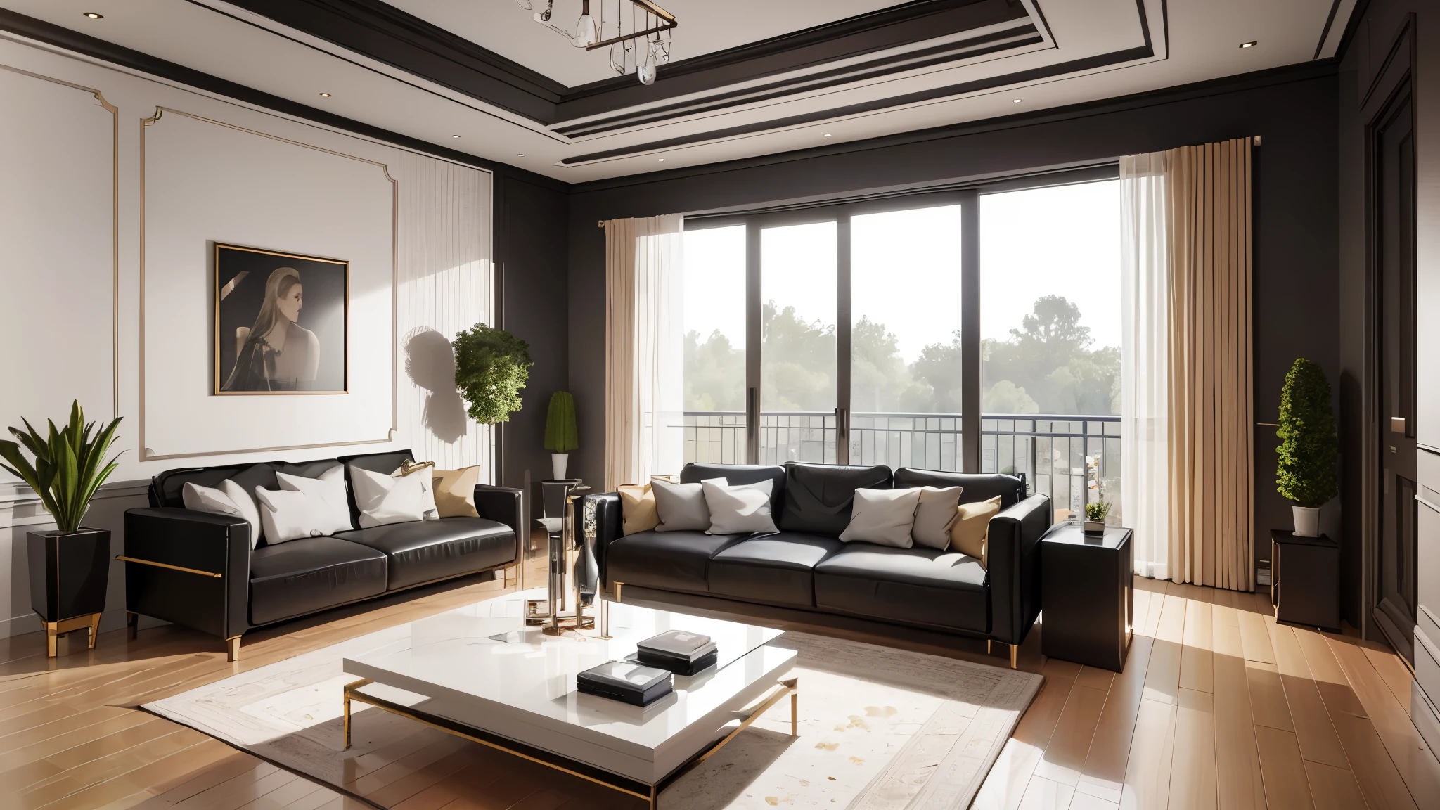 You are a famous interior designer、You have been asked to create a 3D image of a modern large room. Create a harmonious environment with modern and minimalist furniture. Including garden interior.