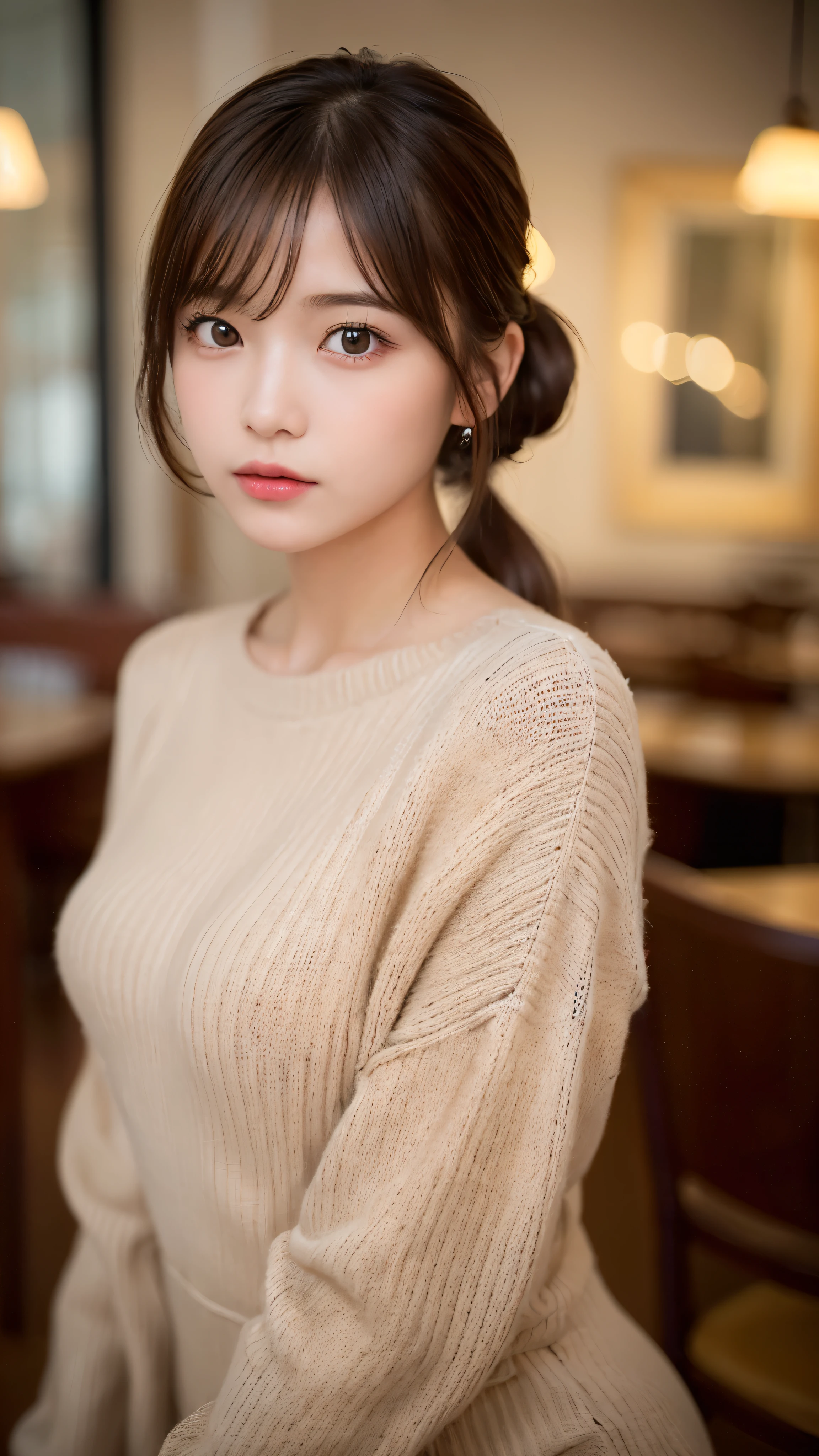 (masterpiece:1.5)、(realistic:1.5)、(highest quality:1.4、8K、RAW photo)、 ultra high resolution、professional lighting、perfect dynamic composition、Photographed at an antique and stylish cafe、 film grain、chromatic aberration、(Bokeh:1.1)、 Frank、Sophisticated、charm、超realistic、high detail、golden ratio、 (1 girl)、slender girl、繊細でcharm女の子、cute woman:1.4、 serious expression、looking at the viewer、light brown hair、shining hair、Hair style is ponytail、 skin that looks real、 close your mouth、fine eyes、double eyelid、thin arms、(sweater dress:1.3)