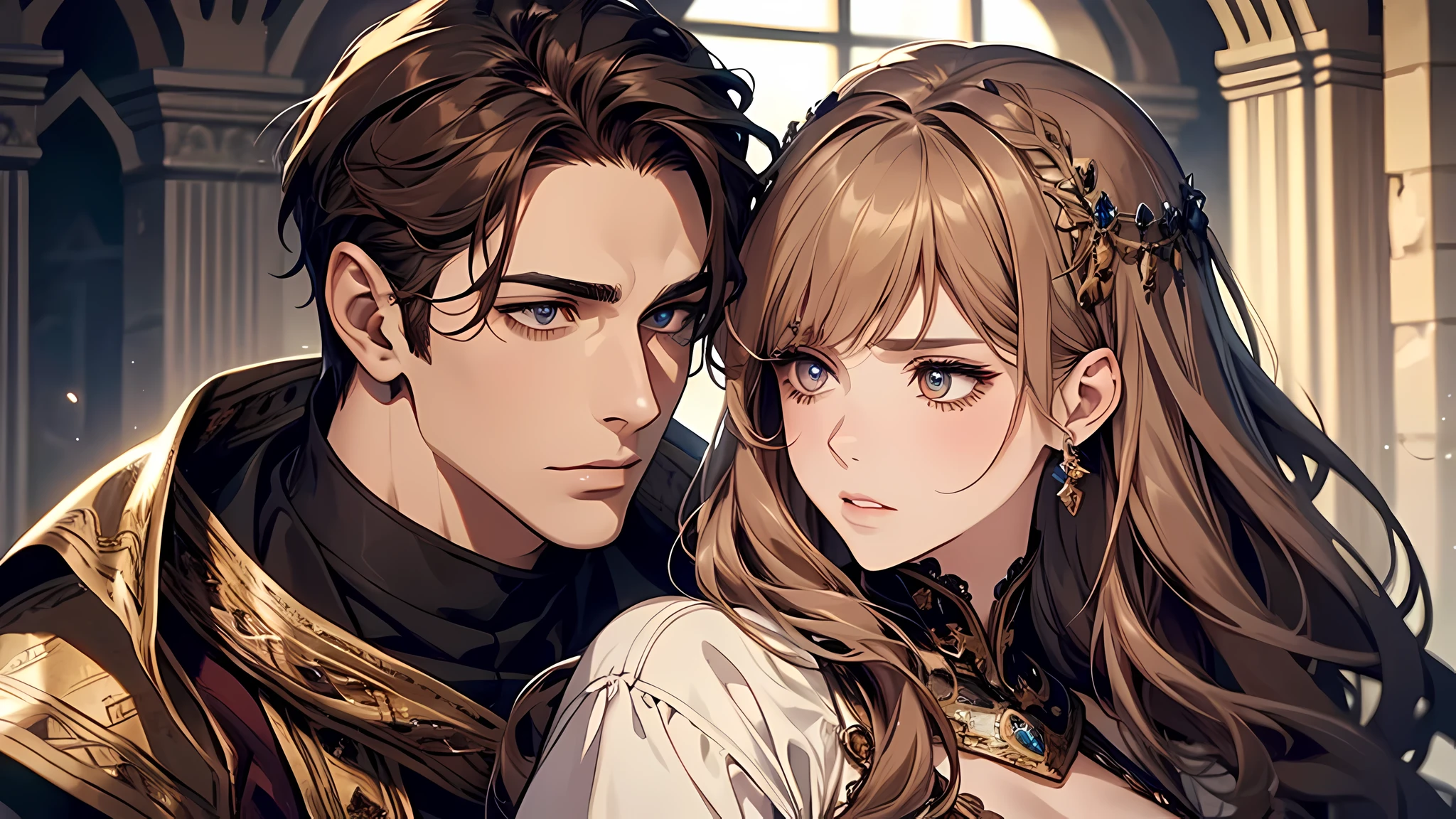 1 handsome man, 1 beautiful girl, man in short white hair, girl in brown hair, medieval times, knight, confused face, face detailed, plump lips, no expression, calm face, detailed eyes, detailed nose