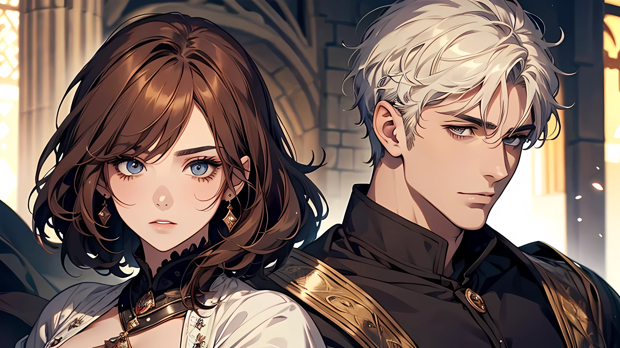 1 handsome man, 1 beautiful girl, man in short white hair, girl in brown hair, medieval times, knight, confused face, face detailed, plump lips, no expression, calm face, detailed eyes, detailed nose