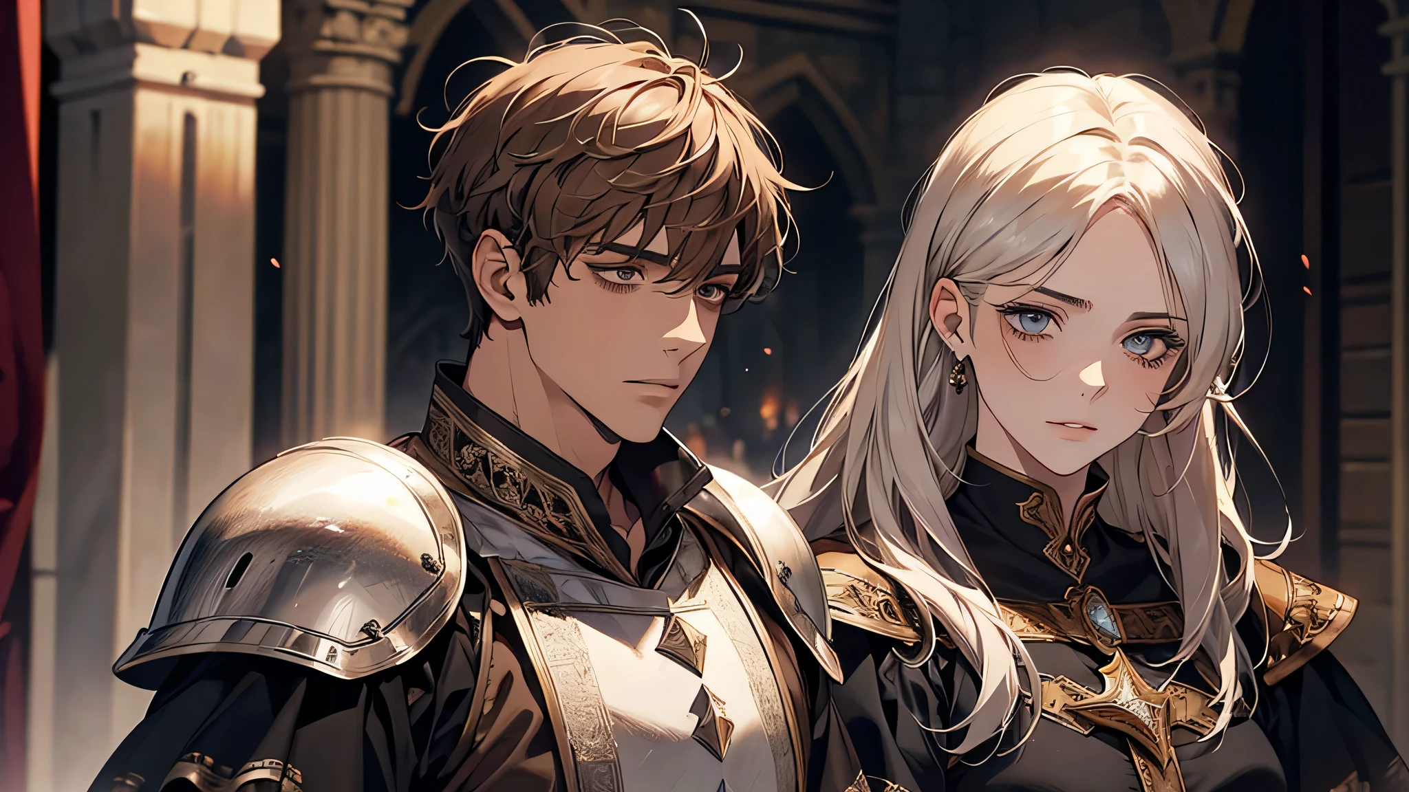 1 handsome man, 1 beautiful girl, man in short white hair, girl in brown hair, medieval times, knight, confused face, face detailed, plump lips, no expression, calm face, detailed eyes, detailed nose
