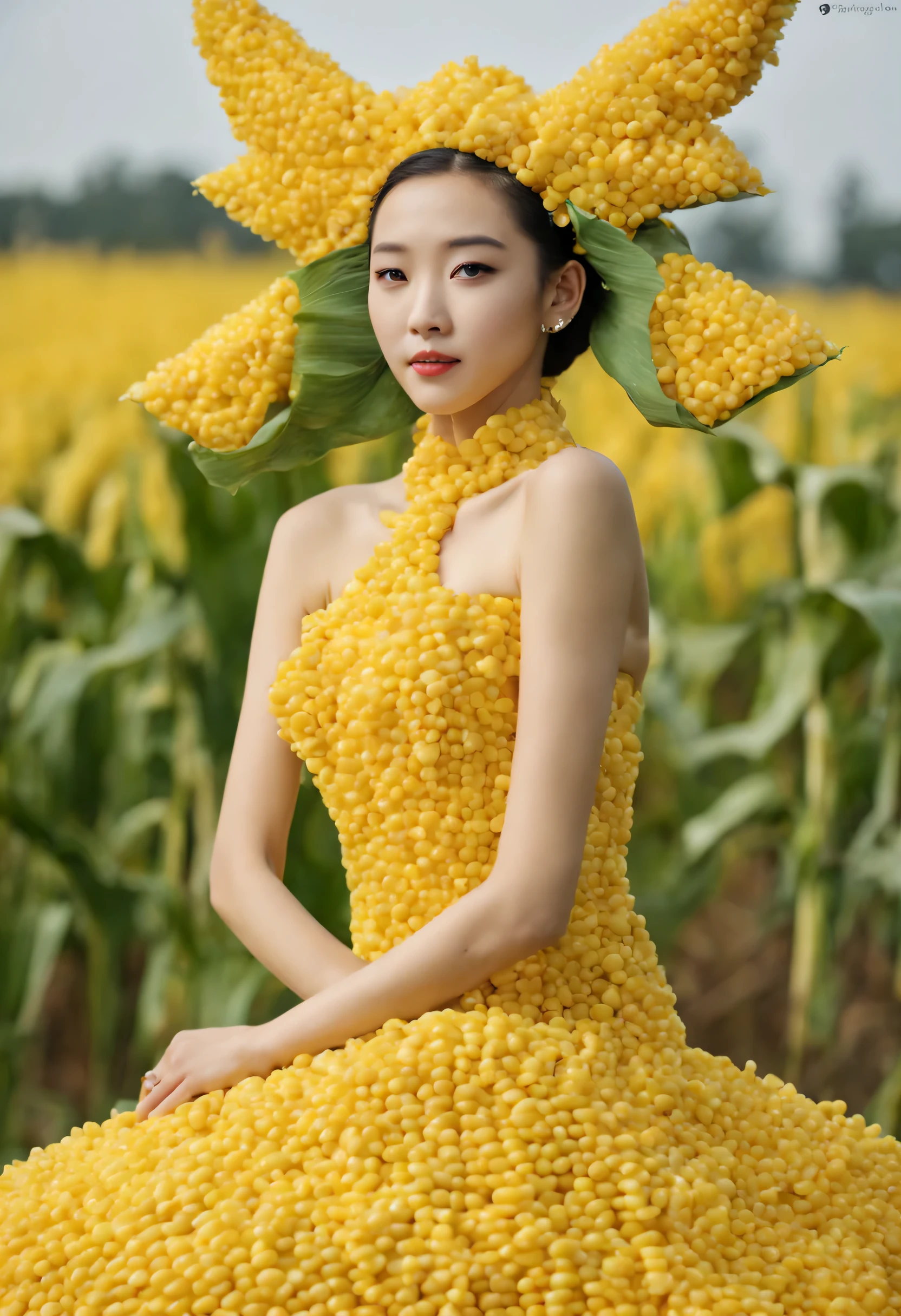 Corn kernels in green fields on fashion show,A beautiful 18-year-old Chinese girl with a delicate appearance,She wears a dress made entirely from real corn kernels,Exquisite facial features。Corn kernel dresses are delicate and elegant,With health、A touch of reality。Pretty girl with corn kernels in perfect combination,Main scene has been created,Offers an astonishing amount of detail and visual feast。
