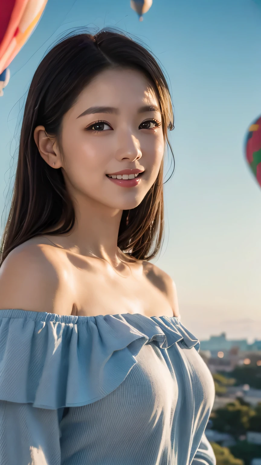 masterpiece, elegant. Ultra-fine details, masterpieces, realistic textures, realistic cinematic lighting, perfect work, 8k, HD, delicate facial features, (upper body), large breast, smile, (Japanese idol:1.2), Professional lighting, 
Powder blue off-shoulder blouse with frill details, Whimsical, Pastel hot air balloons, Dreamy sky ambiance,
