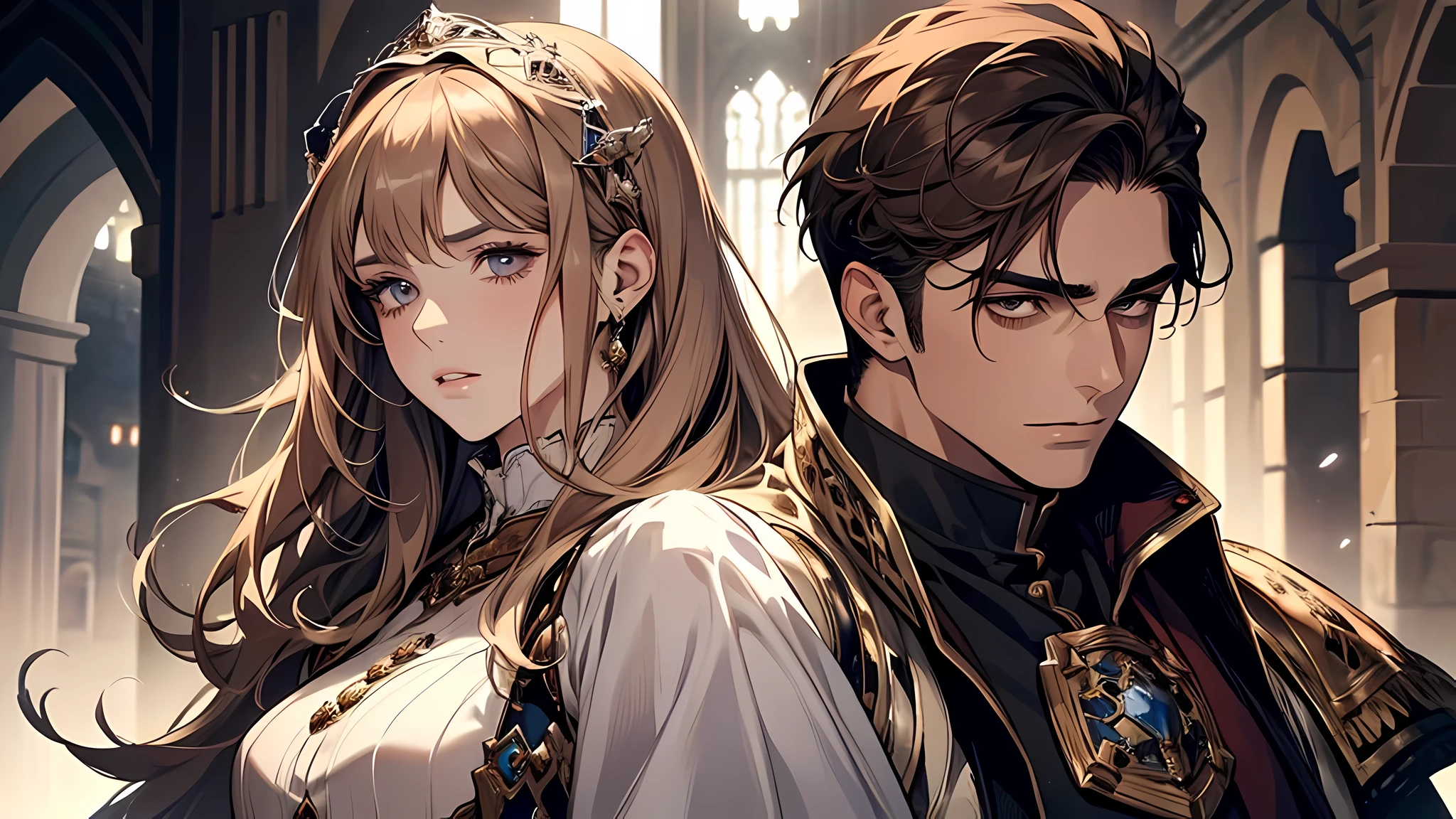 1 handsome man, 1 beautiful girl, man in short white hair, girl in brown hair, medieval times, knight, confused face, face detailed, plump lips, no expression, calm face, detailed eyes, detailed nose