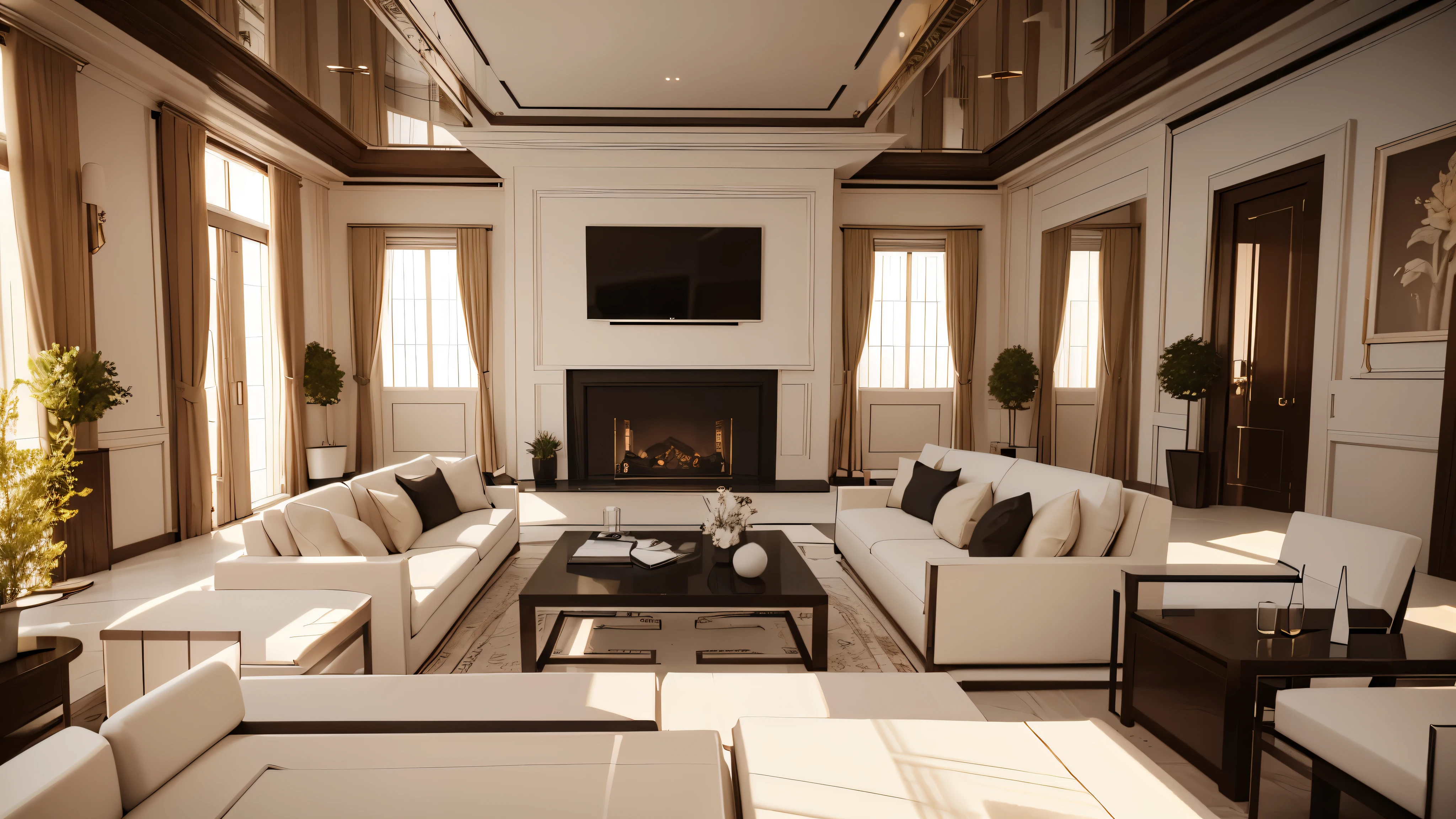 You are a famous interior designer、You have been asked to create a 3D image of a modern large room. Create a harmonious environment with modern and minimalist furniture. Including garden interior.
