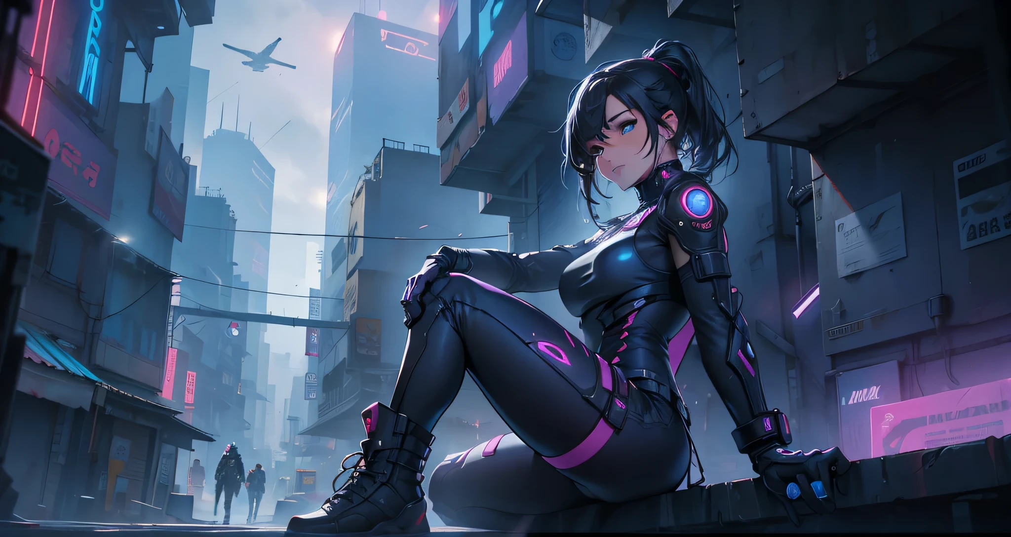 Con el escenario de una ciudad cyberpunk llena de rascacielos.、Su presencia es encantadora,、Envuelto en magia misteriosa armadura con mas detalles morados y mas luces en la ciudad cyberpunk 