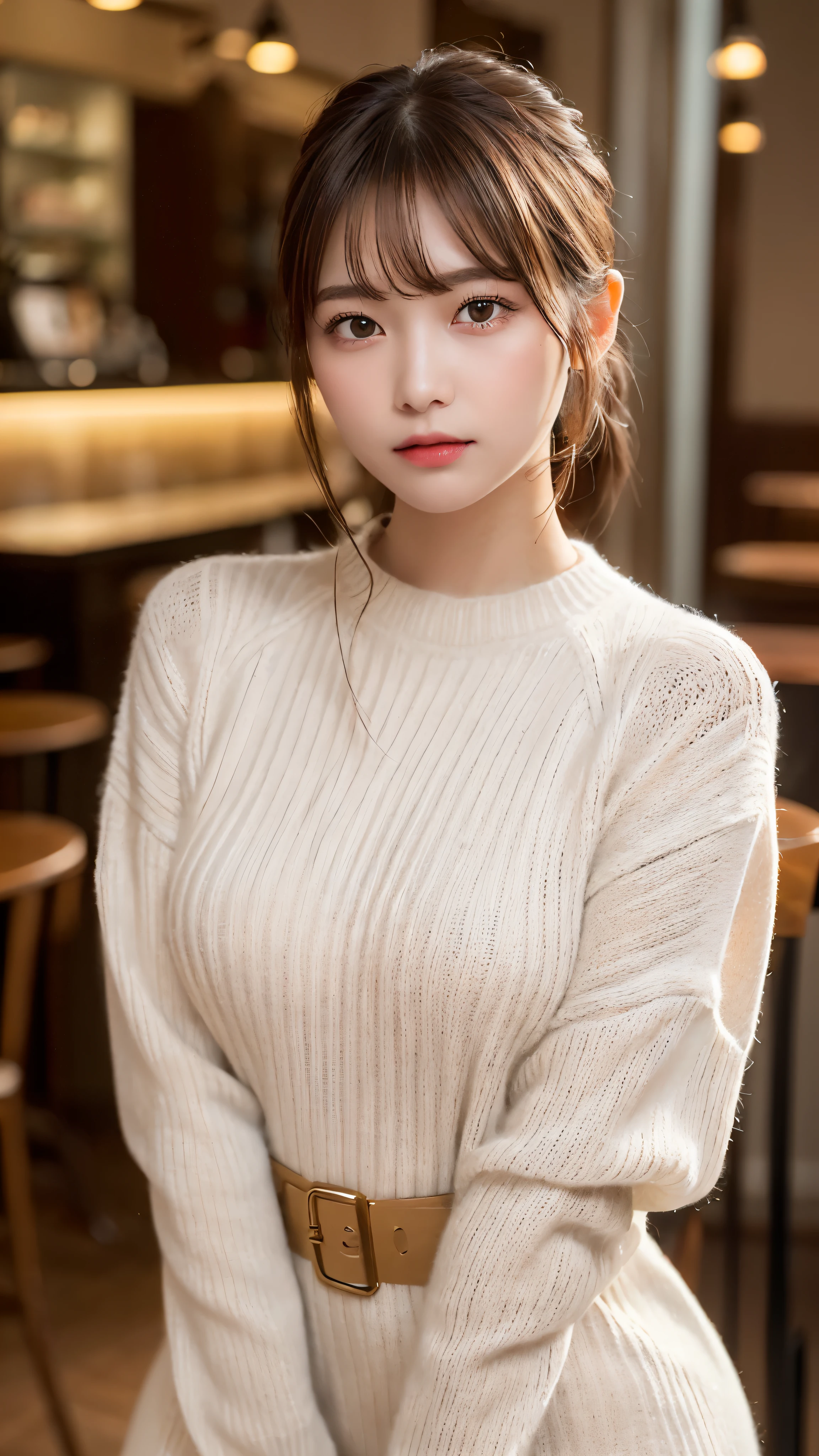 ((highest quality, 8k, masterpiece)), Very detailed, Sharp focus, One beautiful woman, Updo, White turtleneck sweater, Black tight skirt, Very detailed顔と肌の質感, ((Fine grain)), ((Beautiful Eyes:1.2)), smile, Sitting, Cafe, (Latte)、((Sexy Panties:1.0))、((Spread your legs wide:1.5))
