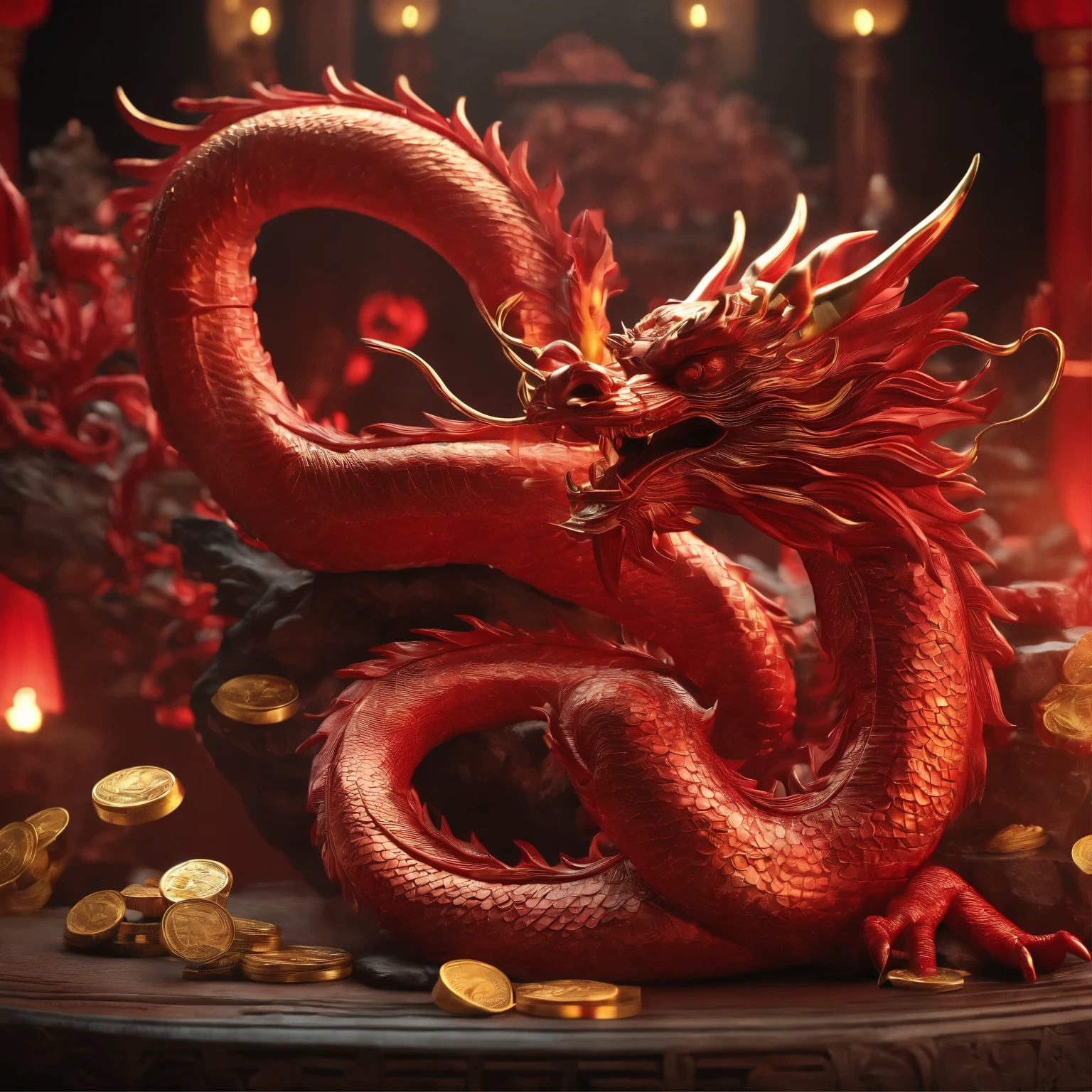 "Very beautiful 3d rendering red chinese dragon，representation of dynamics, Vivid effects and details，Top image quality， Lifelike details，high resolution，multiple colour,　A bunch of coins, treasures"