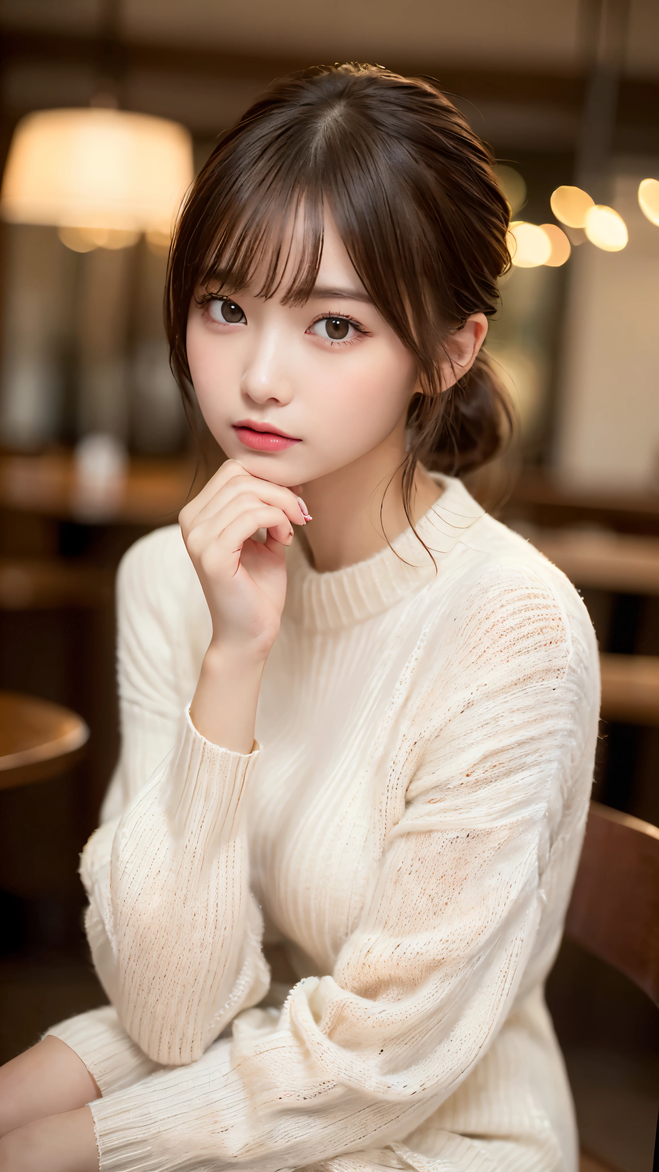 (masterpiece:1.5)、(realistic:1.5)、(highest quality:1.4、8K、RAW photo)、 ultra high resolution、professional lighting、perfect dynamic composition、Photographed at an antique and stylish cafe、 film grain、chromatic aberration、(Bokeh:1.1)、 Frank、Sophisticated、charm、超realistic、high detail、golden ratio、anatomically correct、 (1 girl)、slender girl、繊細でcharm女の子、cute woman:1.4、 serious expression、looking at the viewer、sitting in a chair、light brown hair、shining hair、Hair style is ponytail、 skin that looks real、 close your mouth、fine eyes、double eyelid、thin arms、(white short sweater dress:1.4)