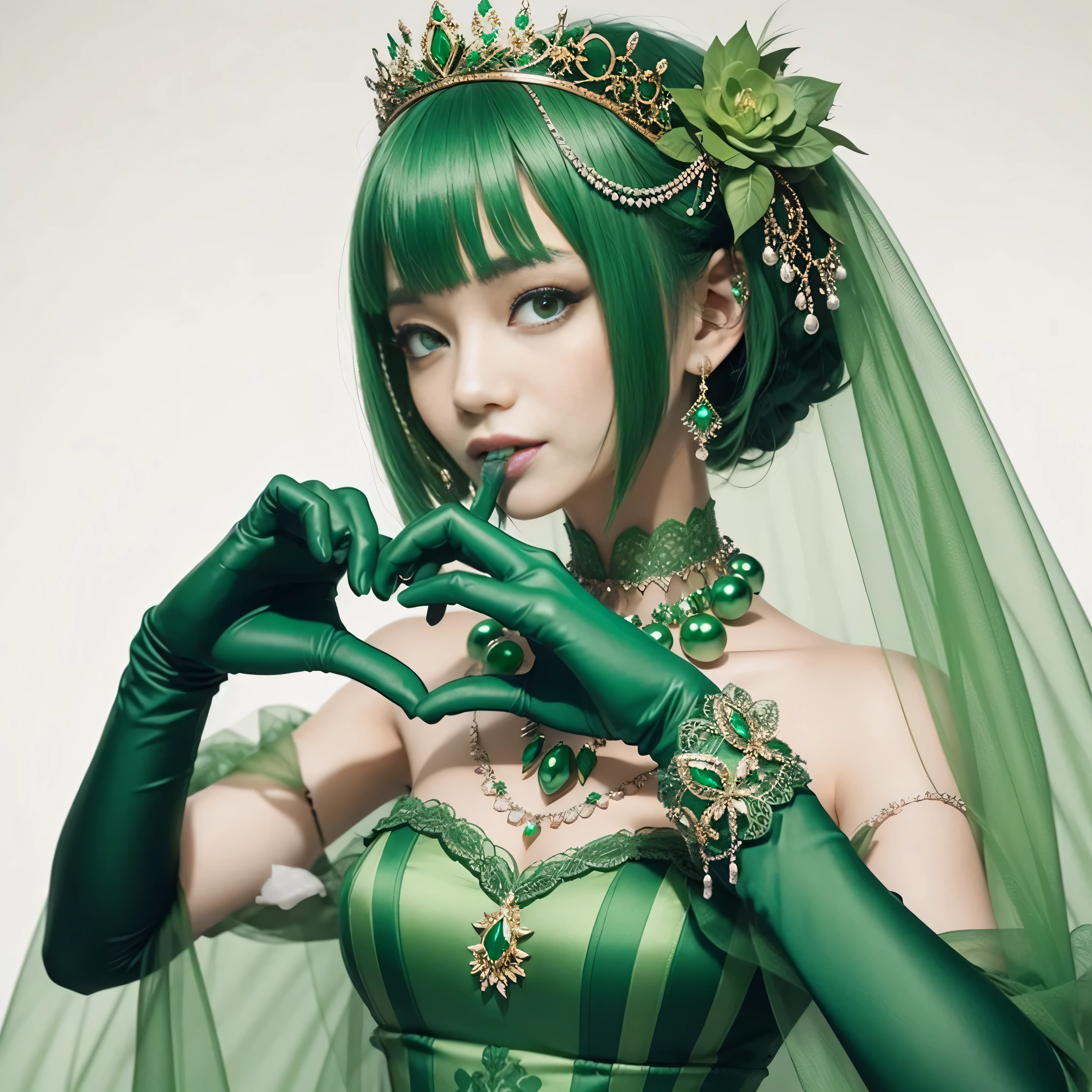 emerald tiara, green pearl necklace, ボーイッシュな非常に短いgreen hair, lipstick, smiling Japanese woman, very short hair, Beauty with large breasts, green eyes, Long Green Satin Gloves, green eyes, emerald earrings, green veil, heart with both hands, green hair, beautiful japanese woman, heart shaped hand:1.3