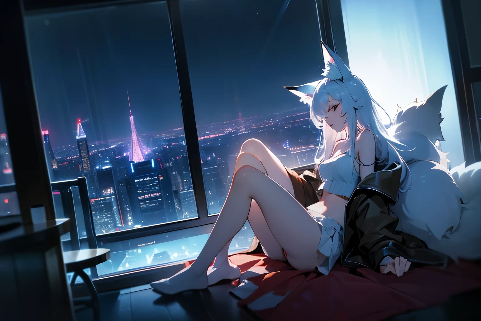 1girl, fox girl, fox ears, sexy, lewd, upskirt, mini skirt, crop top, loose open coat jacket, white stockings, bare shoulders, long white hair, flowy white hair, wild white messy hair, long hair, butt length hair, slightly big big fluffy blue tail, reclining, sitting in large windowsill, sitting in large window, sitting_on_window legs up, knees together, holding fox sleeping fox pet, looking down at fox pet, sleepy expression, slight upskirt, lacey panties, condo room, wide open room, big glass windows, moonlight lit room, nighttime, night time, city skyline view outside of window, cityscape, chromatic aberration, skyscraper, city lights, nighttime out side of window, beautiful night sky, masterpiece, dramatic lighting, dynamic light, sleepy vibe, character in focus, dark room, low light,