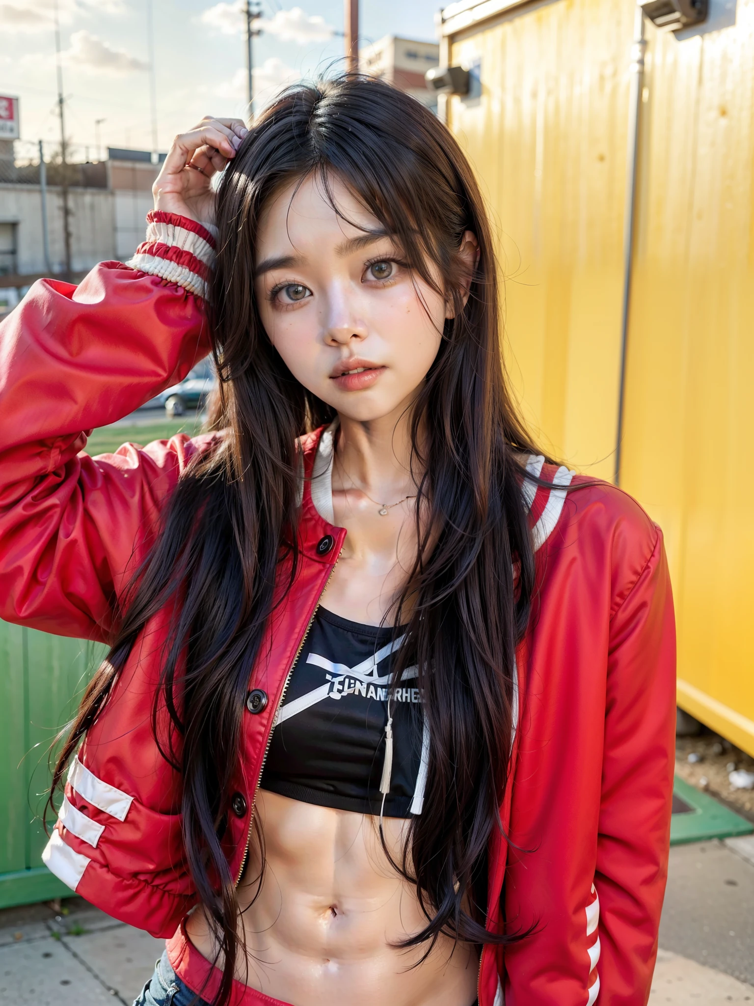 arafed asian woman in a chaqueta roja and black top, tzuyu de dos veces, jaeyeon nam, ulzzang, portrait of female korean idol, wearing chaqueta roja, muchacha coreana, retrato de jossi de blackpink, pale korean adorable face, caliente con sol brillante, korean idol, 4k post, 4k publishing, hermosa joven coreana, chaqueta roja