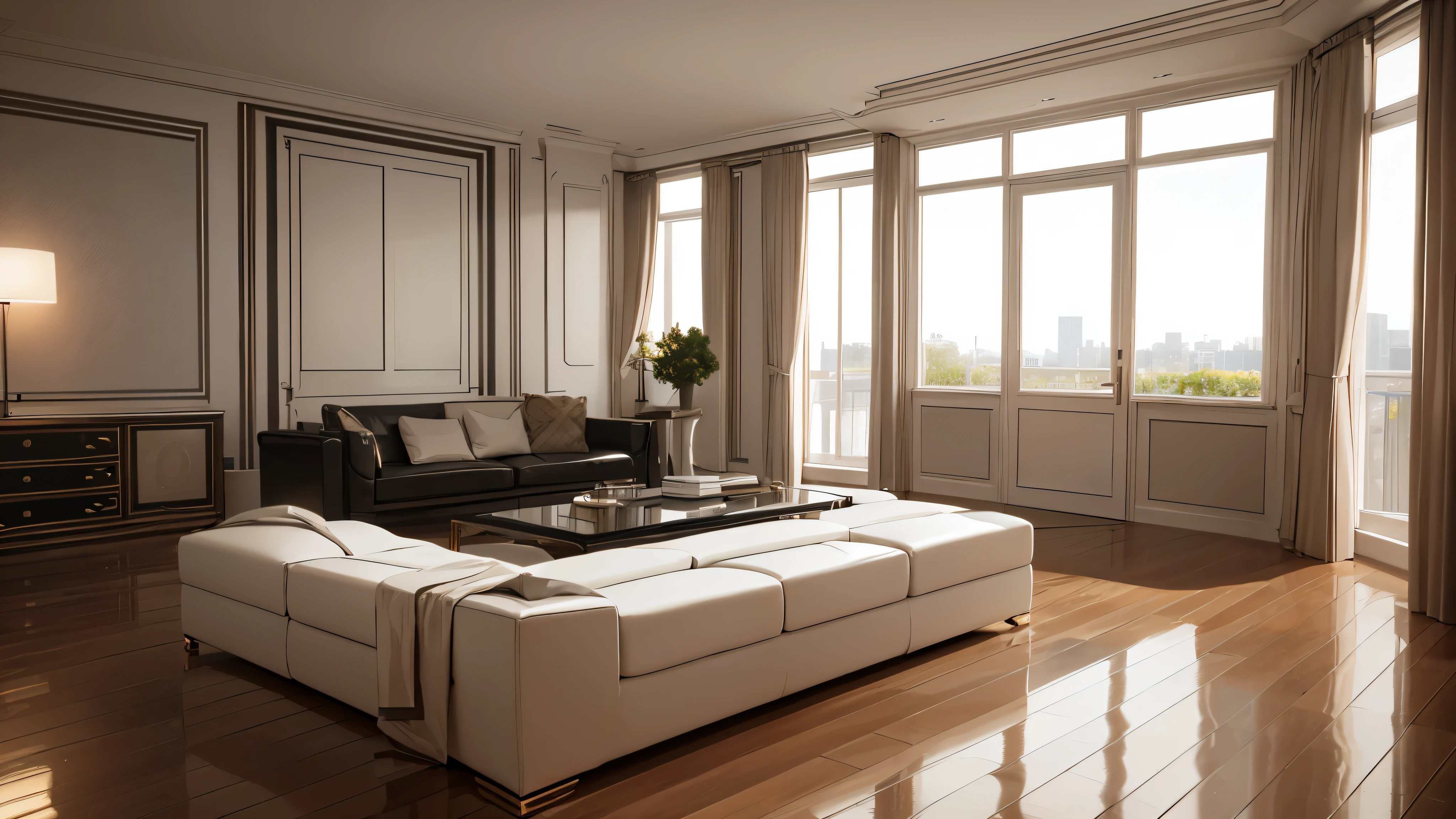 You are a famous interior designer、You have been asked to create a 3D image of a modern large room. Create a harmonious environment with modern and minimalist furniture. Including garden interior.