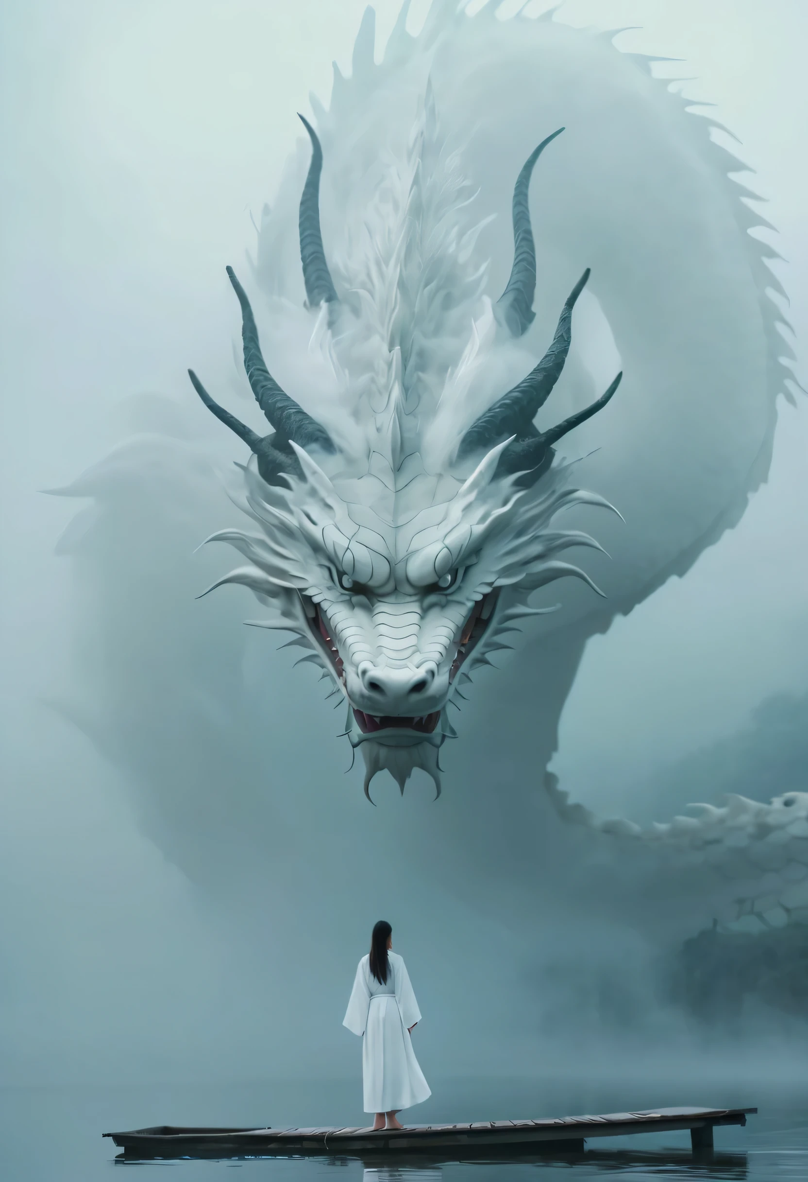 A white Chinese dragon looks down at a woman on a foggy lake. cloud, Dense fog, Symmetrical composition, A woman in a white robe walks on the lake and looks at the dragon, Full of mystery, close up