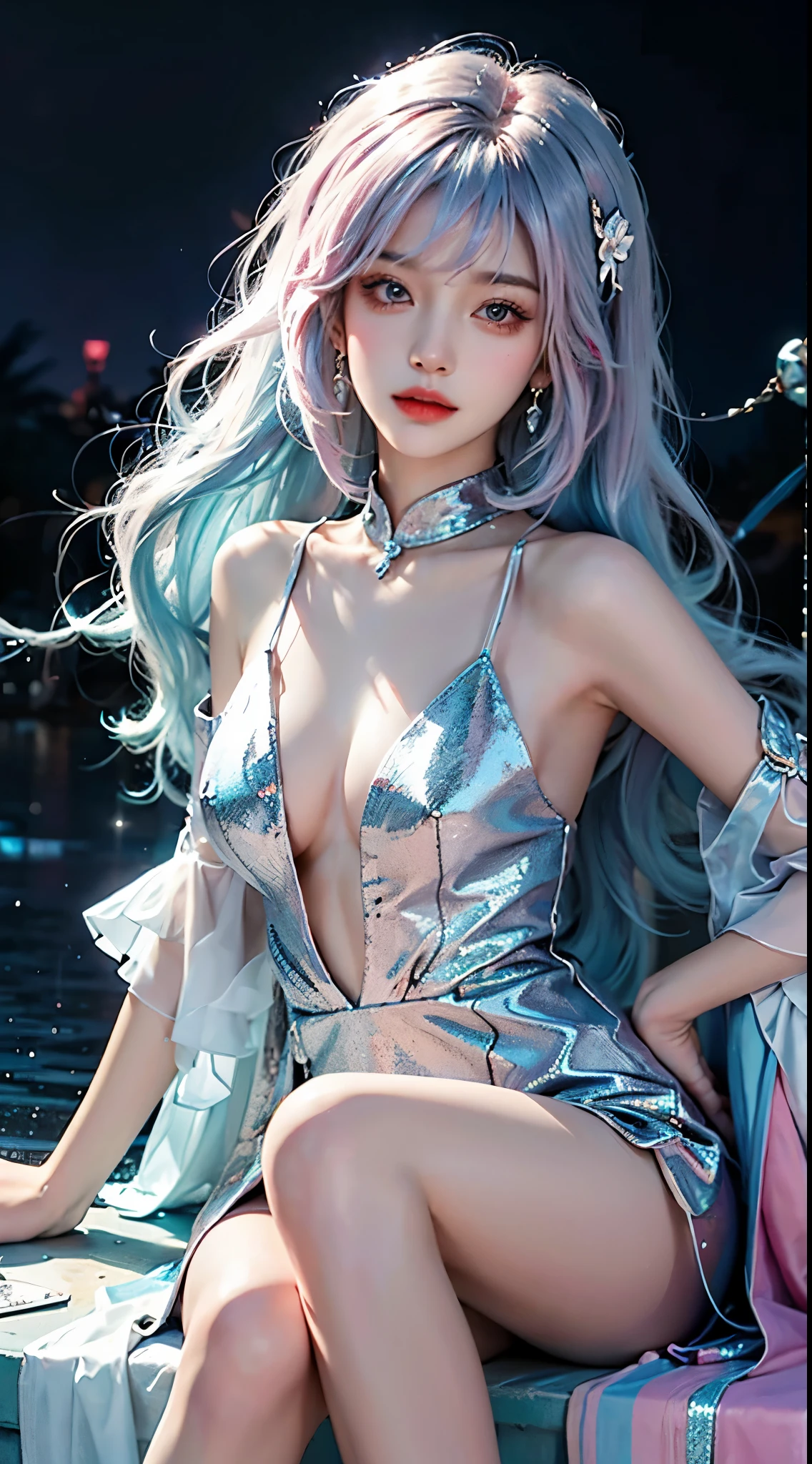  ((Knee Shooting)),（masterpiece、best quality、high resolution），（Colorful background，（splash of color）），sweet girl，Light blue and white medium length hair，[light blue|pink]hair，curls，sparkling，红pink的嘴唇，The cracks are relatively large，splash of color，Volumetric lighting，A plump chest, elegant gesture, Sexy slender legs