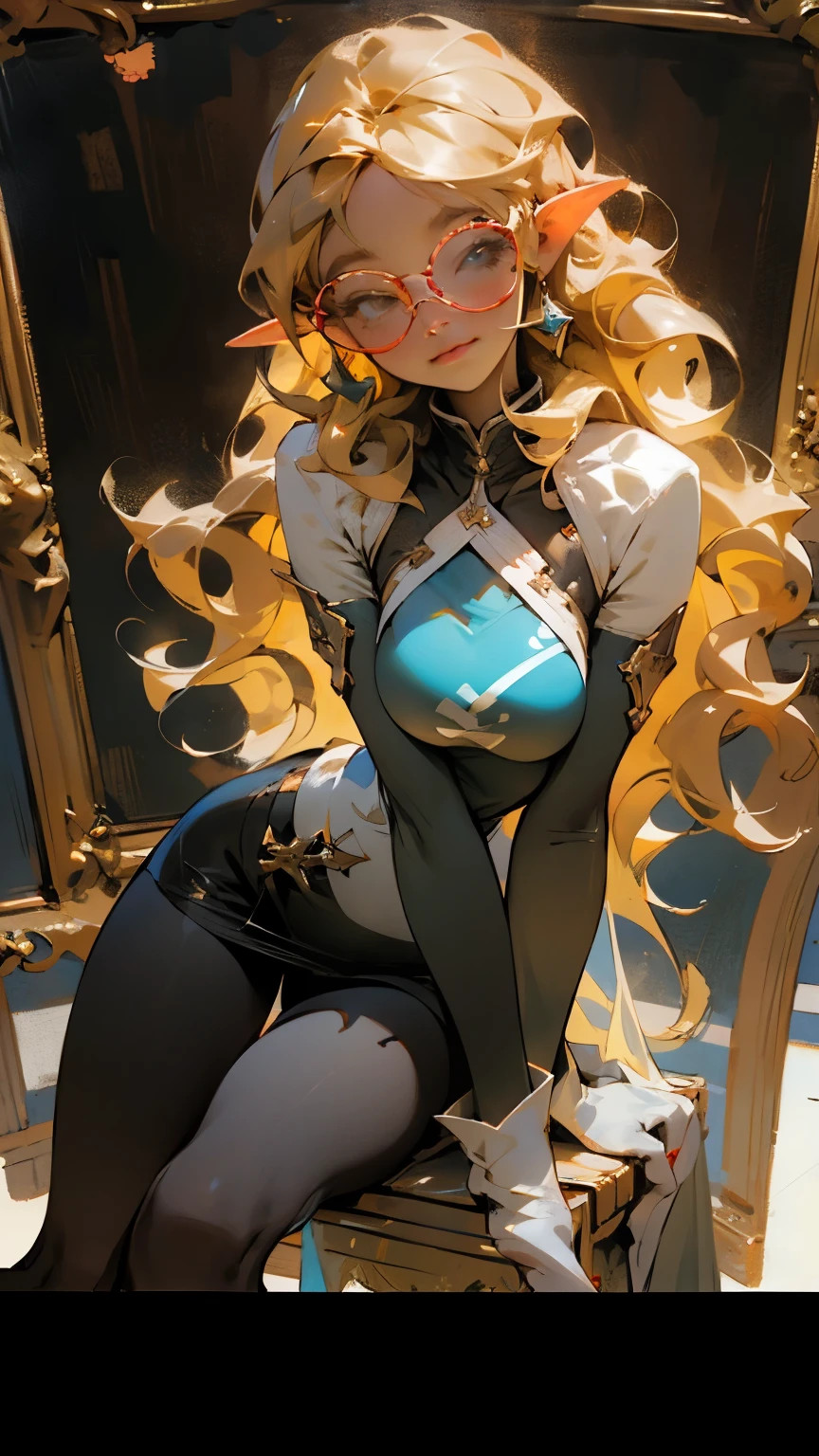 glow,masterpiece, beautiful, 4K, best quality, oil painting portrait style, cute face, big breasts, blonde,round frame glasses,pointed ears, pantyhose,whole body,sit on the chair