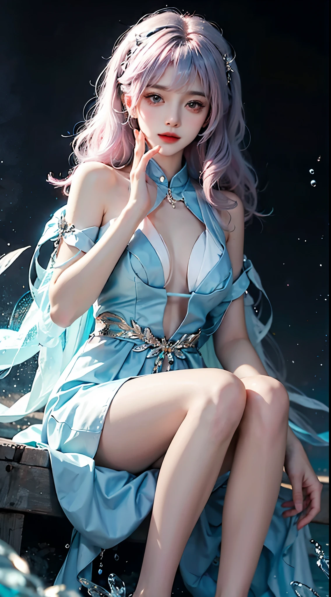  ((Knee Shooting)),（masterpiece、best quality、high resolution），（Colorful background，（splash of color）），sweet girl，Light blue and white medium length hair，[light blue|pink]hair，curls，sparkling，红pink的嘴唇，The cracks are relatively large，splash of color，Volumetric lighting，A plump chest, elegant gesture, Sexy slender legs