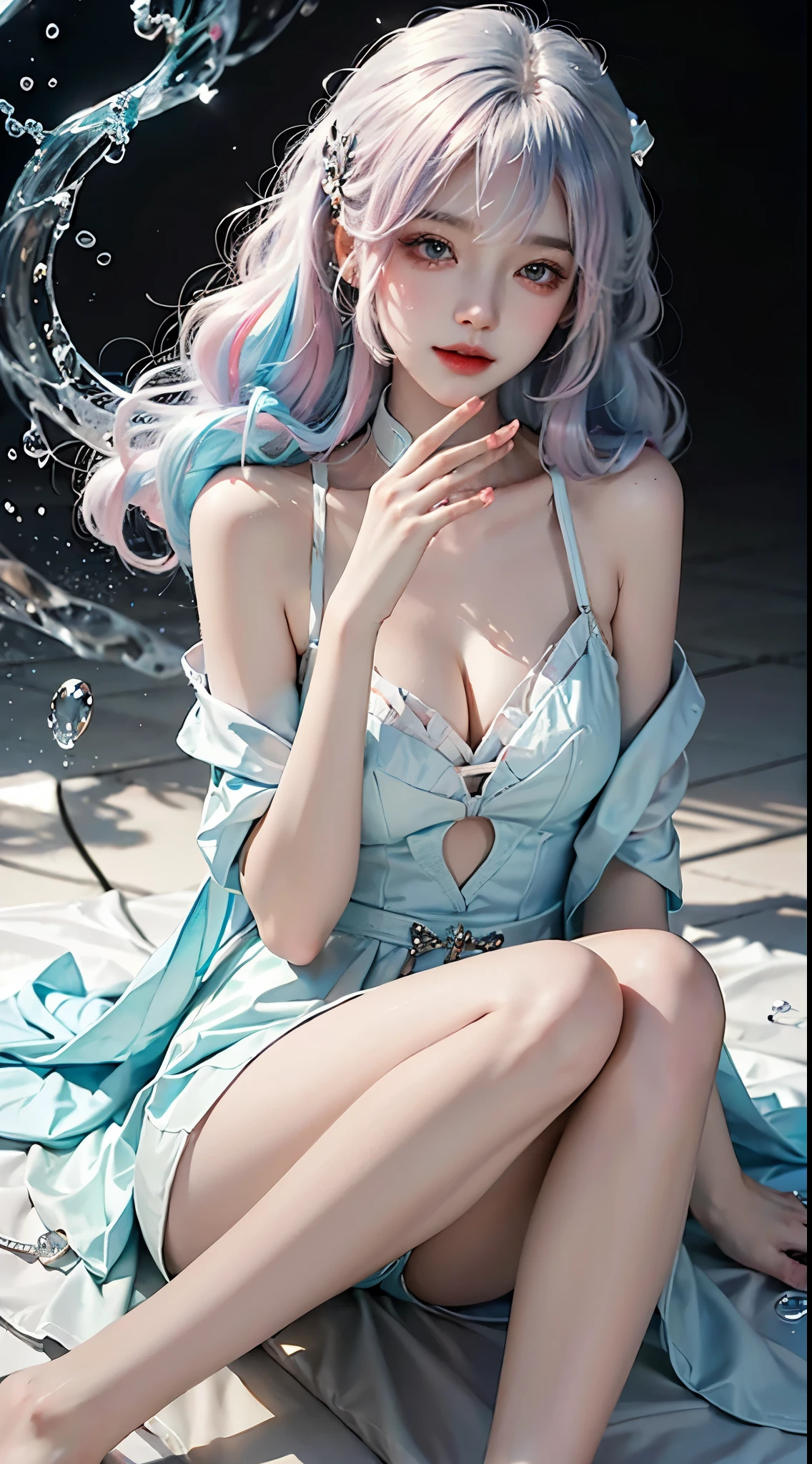  ((Knee Shooting)),（masterpiece、best quality、high resolution），（Colorful background，（splash of color）），sweet girl，Light blue and white medium length hair，[light blue|pink]hair，curls，sparkling，红pink的嘴唇，The cracks are relatively large，splash of color，Volumetric lighting，A plump chest, elegant gesture, Sexy slender legs