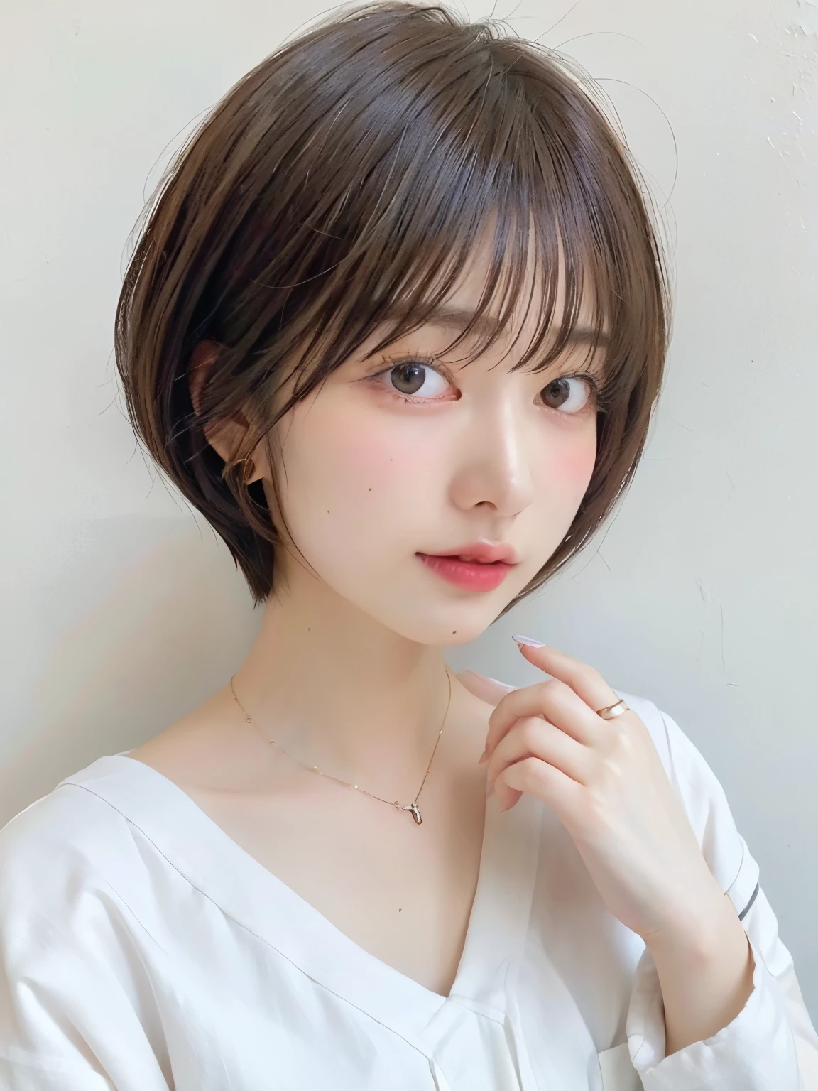 (highest quality、8K、32K、masterpiece、nffsw:1.2)、photo of cute japanese woman、very short bobbed hair、Upper body、necklace、shot from above、Don'Don'don't look at the audience、(realistic、Photoreal:1.37)、1 girl、Shot in natural light、Physically based rendering、excellent image quality、High resolution、1080P、(Detailed facial description)、(Detailed explanation of hands)、(Detailed CG)、Rich details、(exquisite features)、(best image quality)、(masterpiece)、(fine eyes)、delicate clavicle、Versatile poses、profile、white wall、Taken in front of the white door、(窓のあるwhite wallの部屋)、earrings、laughter、Spring clothes、 shortcut、short hair、((white blouse))