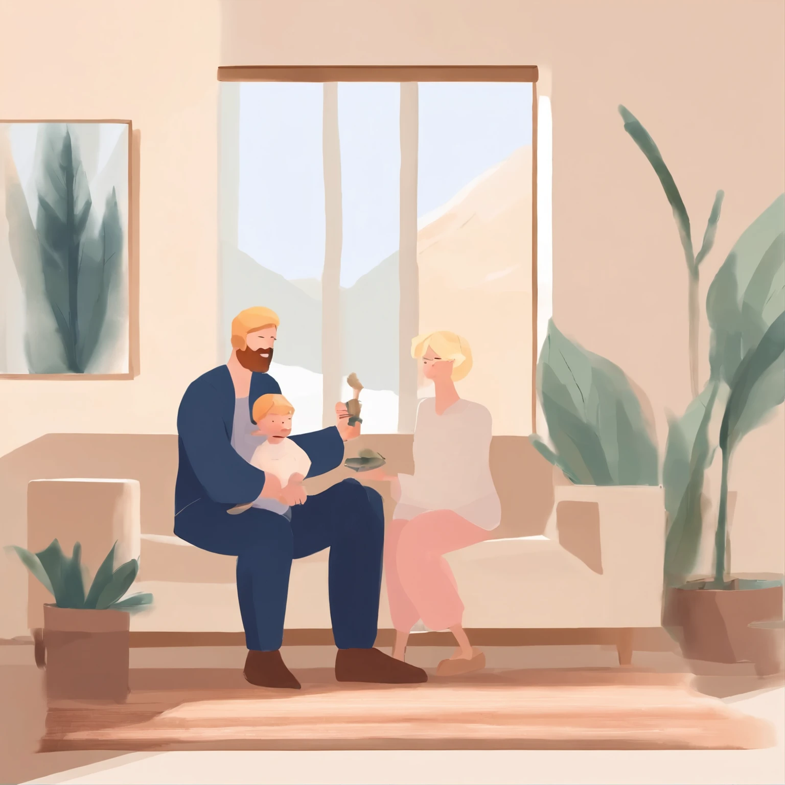 Warm home, ((two people)), a bearded father holding a little boy sitting on the sofa, living room, balcony, carpet, ((blond hair)), watercolor, medieval style, joy, laughter, sofa, carpet, interior