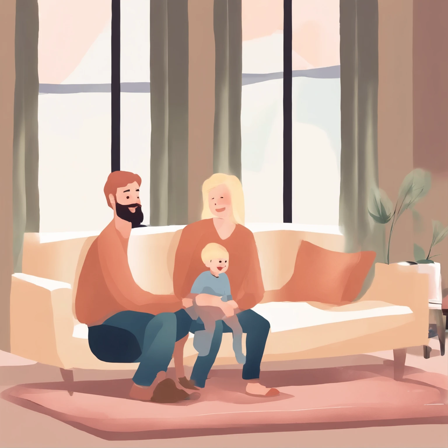 Warm home, ((two people)), a bearded father holding a little boy sitting on the sofa, living room, balcony, carpet, ((blond hair)), watercolor, medieval style, joy, laughter, sofa, carpet, interior
