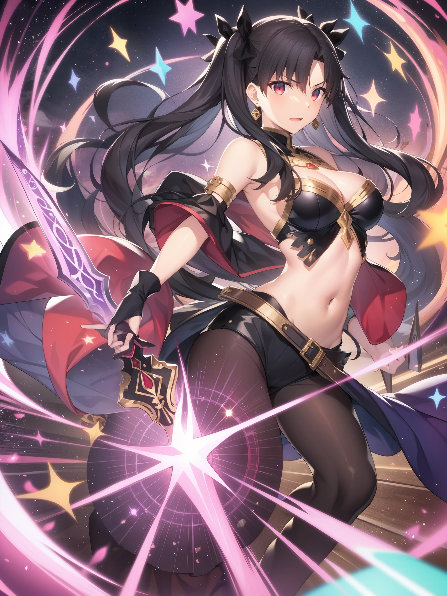 Countless magic circles、Countless magic circles、Fate/stay Night、Fate/Grand/Order、Tohsaka Rin、Ishtar、Ereshkigal、black hair、twin tails、black ribbon、red eyes、magician、Use of five elements(average one)、Magic Circuitのタトゥー、Magic Circuit、、five rotating stars、The strongest counter dedicated to the five elements、jeweler、jewel magic、Holy Grail War、Ishtar、Ereshkigal、Red Devil、Tsundere、gund、Rune magic、Gem Sword Zelrich、Slash of Light、
