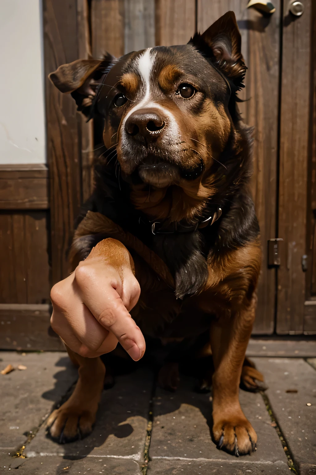 dog , pointing feces, one hand closes nose,