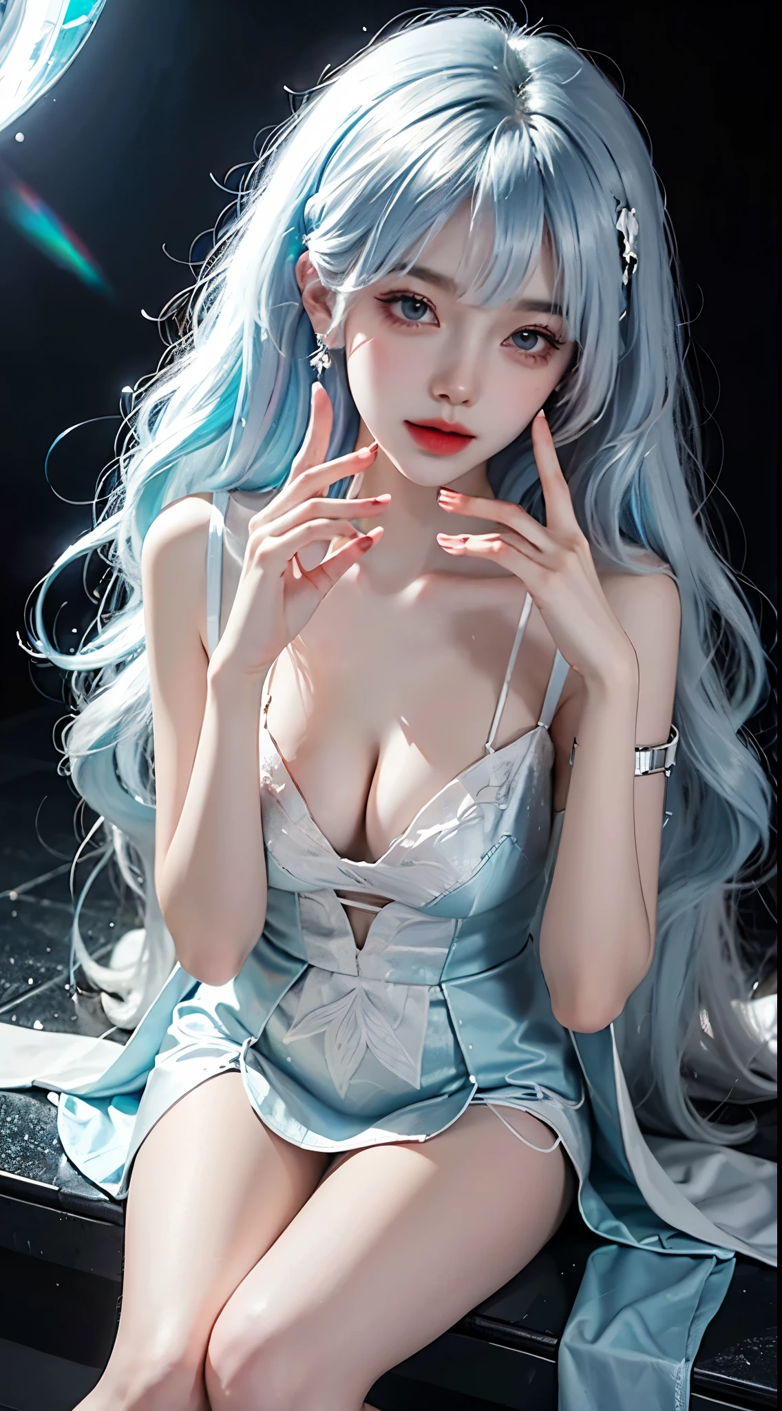  ((Knee Shooting)),（masterpiece、best quality、high resolution），（Colorful background，（splash of color）），sweet girl，Light blue and white medium length hair，[light blue|pink]hair，curls，sparkling，红pink的嘴唇，The cracks are relatively large，splash of color，Volumetric lighting，A plump chest, elegant gesture, Sexy slender legs