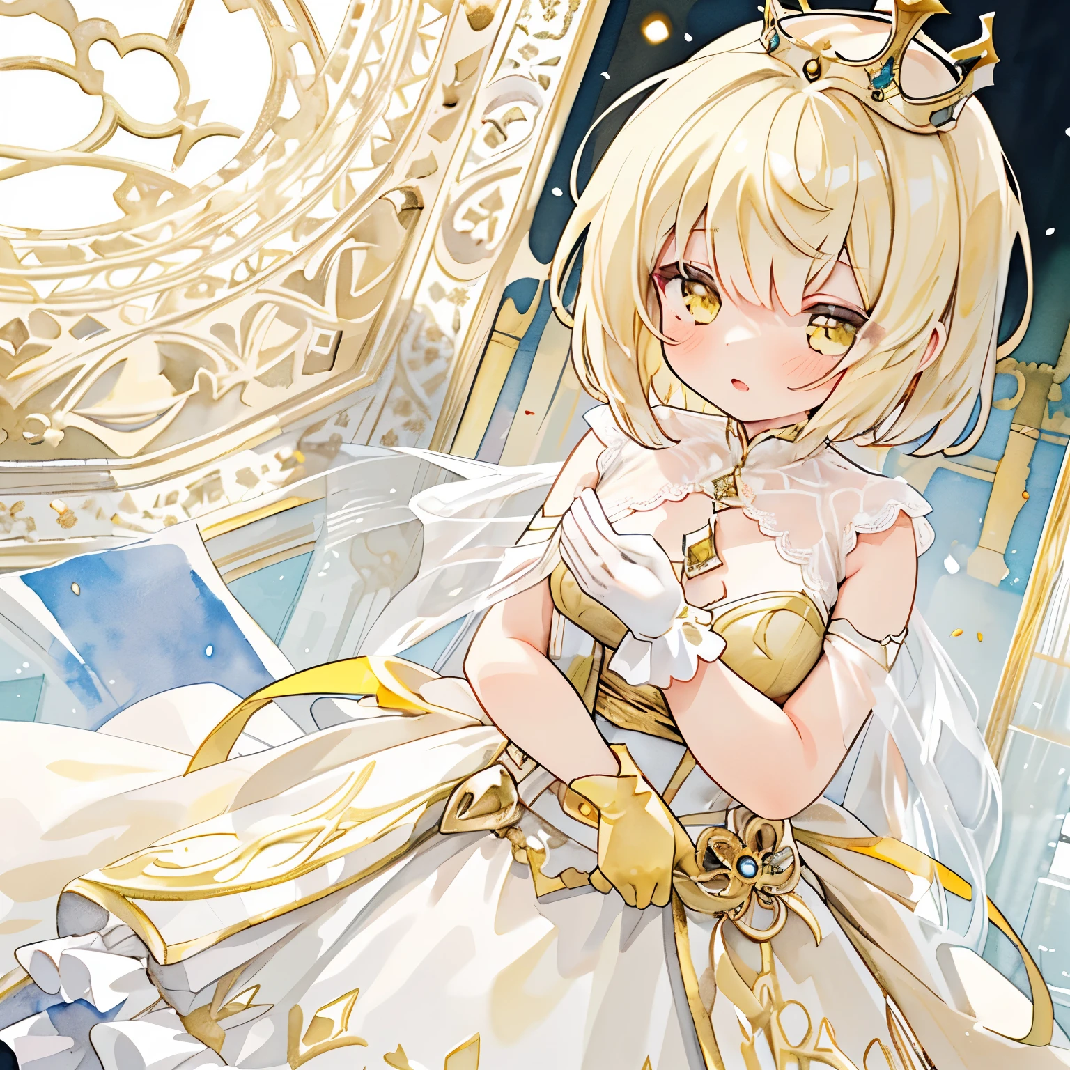 One girl, mature woman, White and yellow wavy hair, (dango hair), short hair, beautiful hair, beautiful composition, depth of field, beautiful soft illustration, watercolor style, light gold hair, diamonds, ♦️, diamond queen's crown, lace gloves (yellow lace gloves) yellow frill dress volume dress、Diamonds ♦️ are scattered