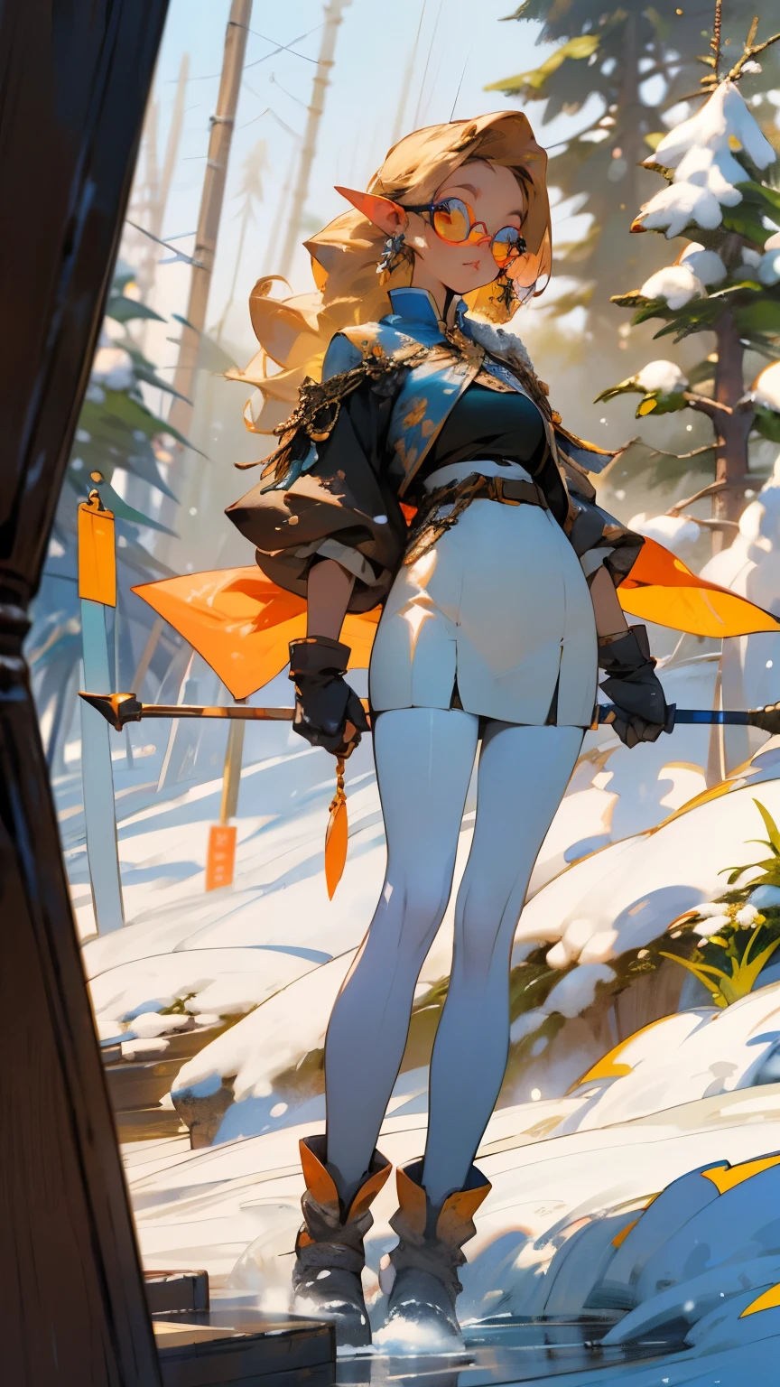 glow，masterpiece, beautiful, 4K, best quality, oil painting portrait style， cute face, big breasts,  blonde，round frame glasses，pointed ears， white pantyhose，whole body，standing posture，clock，坐在clock上，ski，snow mountain