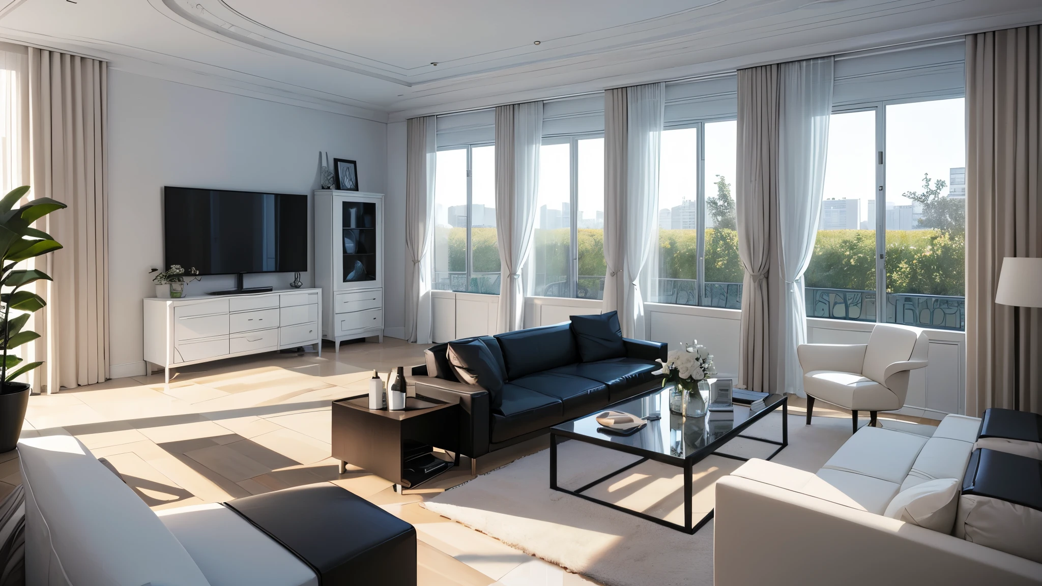 You are a famous interior designer、You have been asked to create a 3D image of a modern large room. Create a harmonious environment with modern and minimalist furniture. Including garden interior.