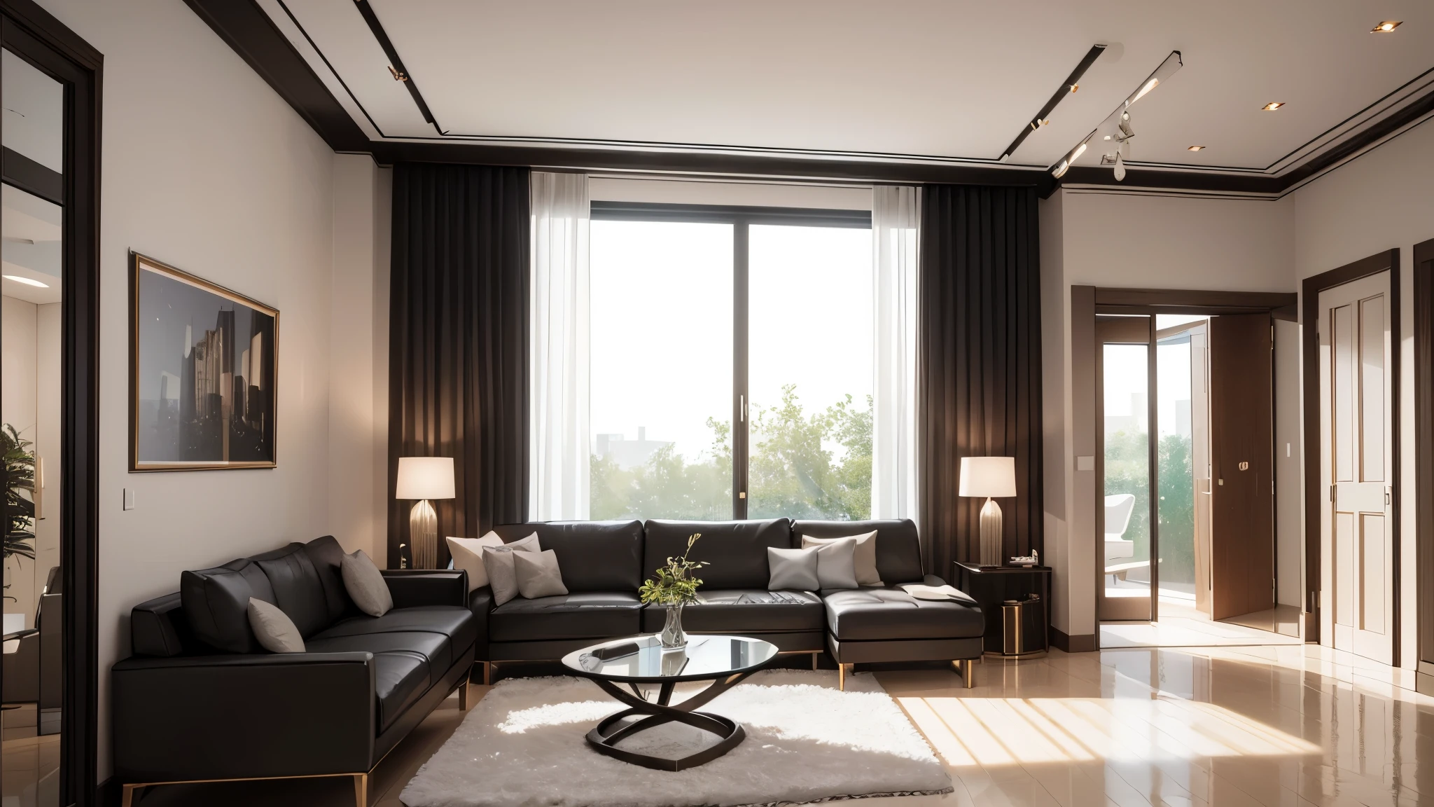 You are a famous interior designer、You have been asked to create a 3D image of a modern large room. Create a harmonious environment with modern and minimalist furniture. Including garden interior.