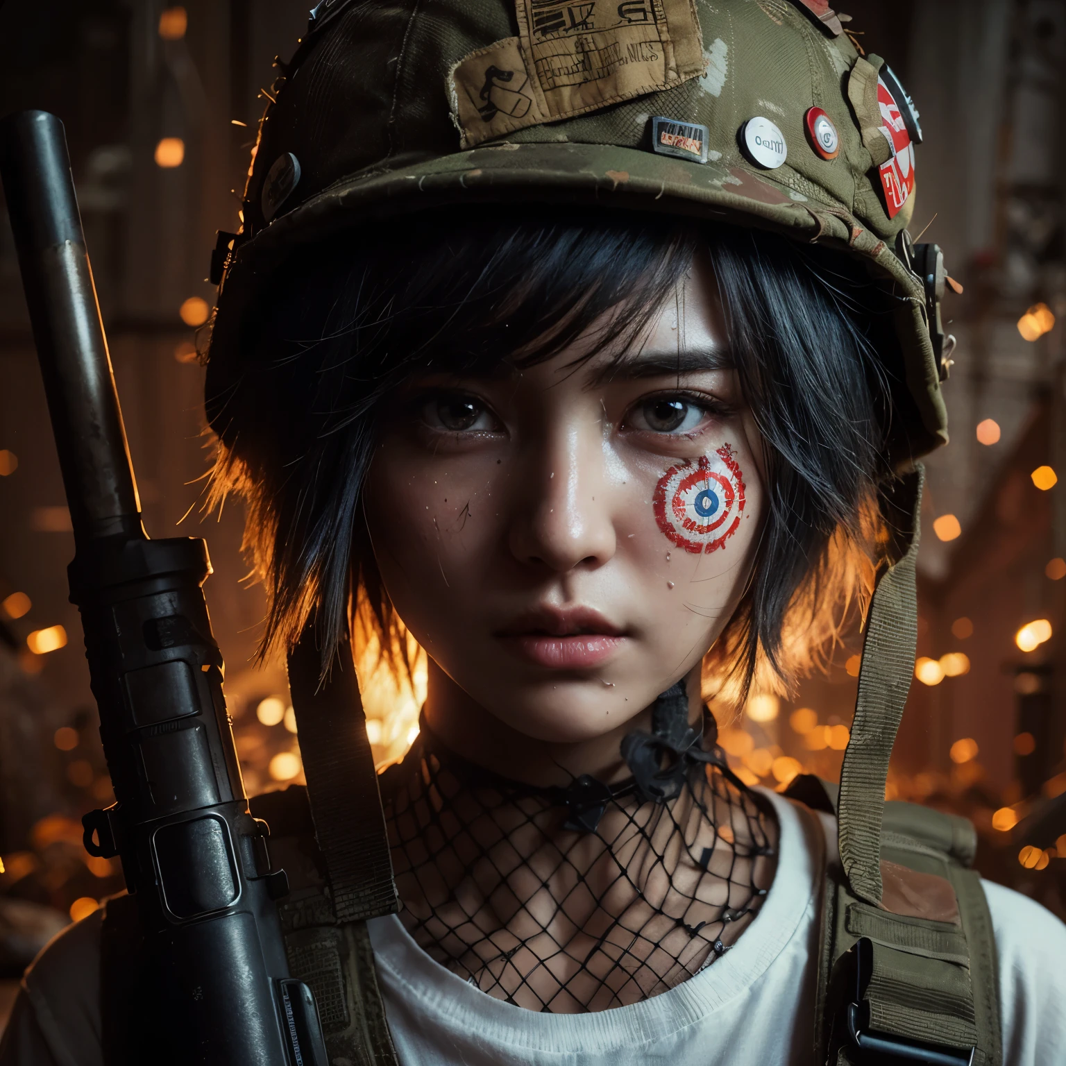 hyper realistic photography, teasing image, mysterious backlight face shade of fictional character: an edgy caucasian girl, detail facial, frackles, pore, moist skin detail, sweating, hot, band aid on her cheeks, short blue hair, wear soldier helmet full badges, cool weird expression, wear white t-shirt with target pictures, wear jeans shortpants & net stockings, wear military boot, cool posing and hold a bazooka, rustic backgrouund, sparks, dystopia mood--style raw --v 6.0