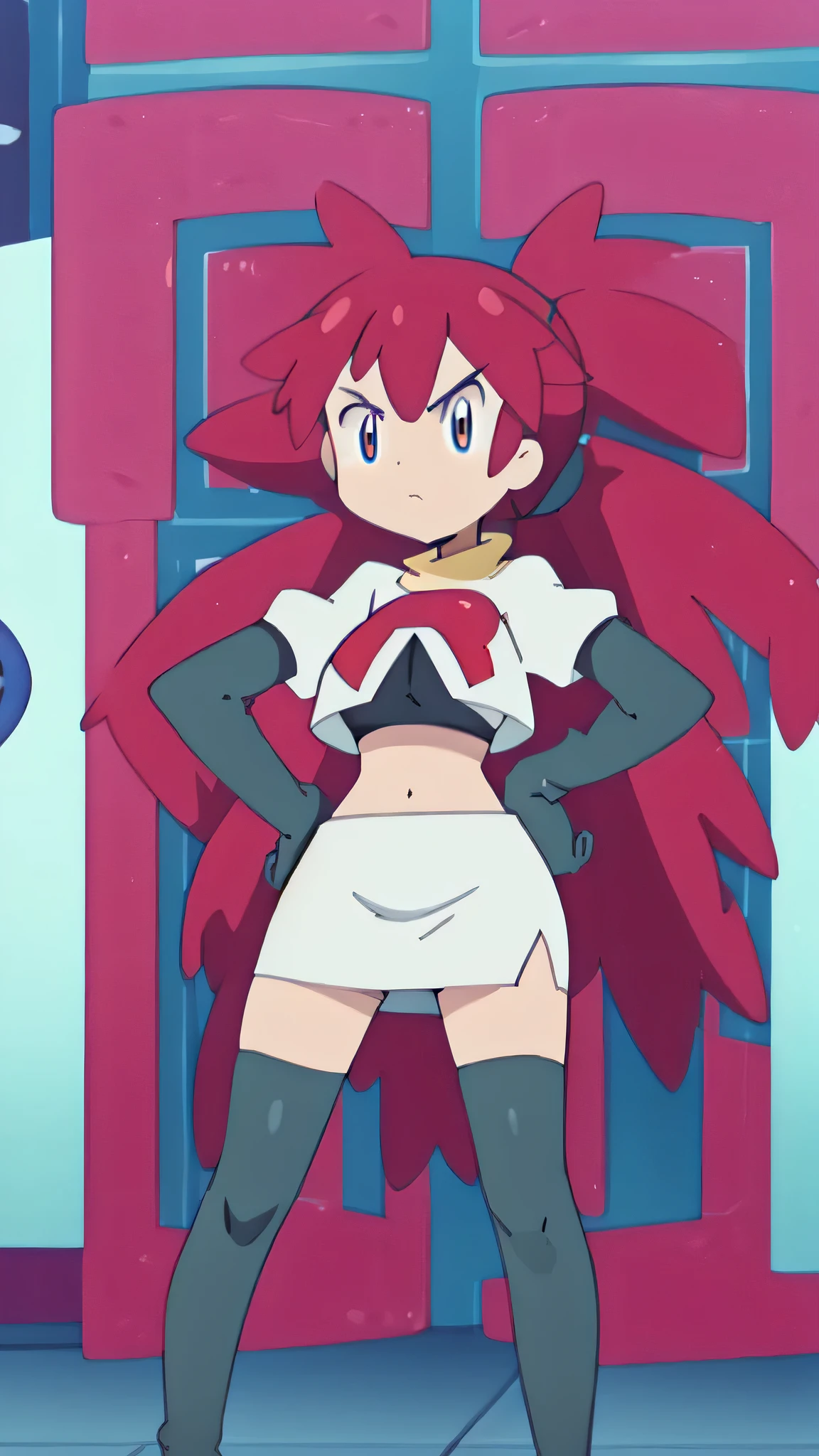 1girl in, (Solo:1.2), (Perfect body:1.1), (Best Quality:1.1), , very large breast, hands on hip,team rocket uniform, red letter r, white skirt,white crop top,black thigh-high boots, black elbow gloves, glaring angrily, looking at viewer, hands on hips, full body seen