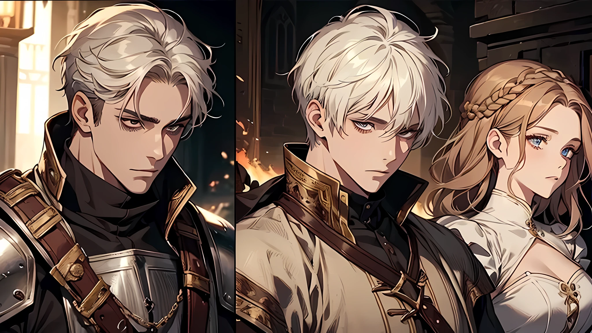 1 handsome man, 1 beautiful girl, man in short white hair, girl in brown hair, medieval times, knight, confused face, face detailed, plump lips, no expression, calm face, detailed eyes, detailed nose, warrior, face full of expressions