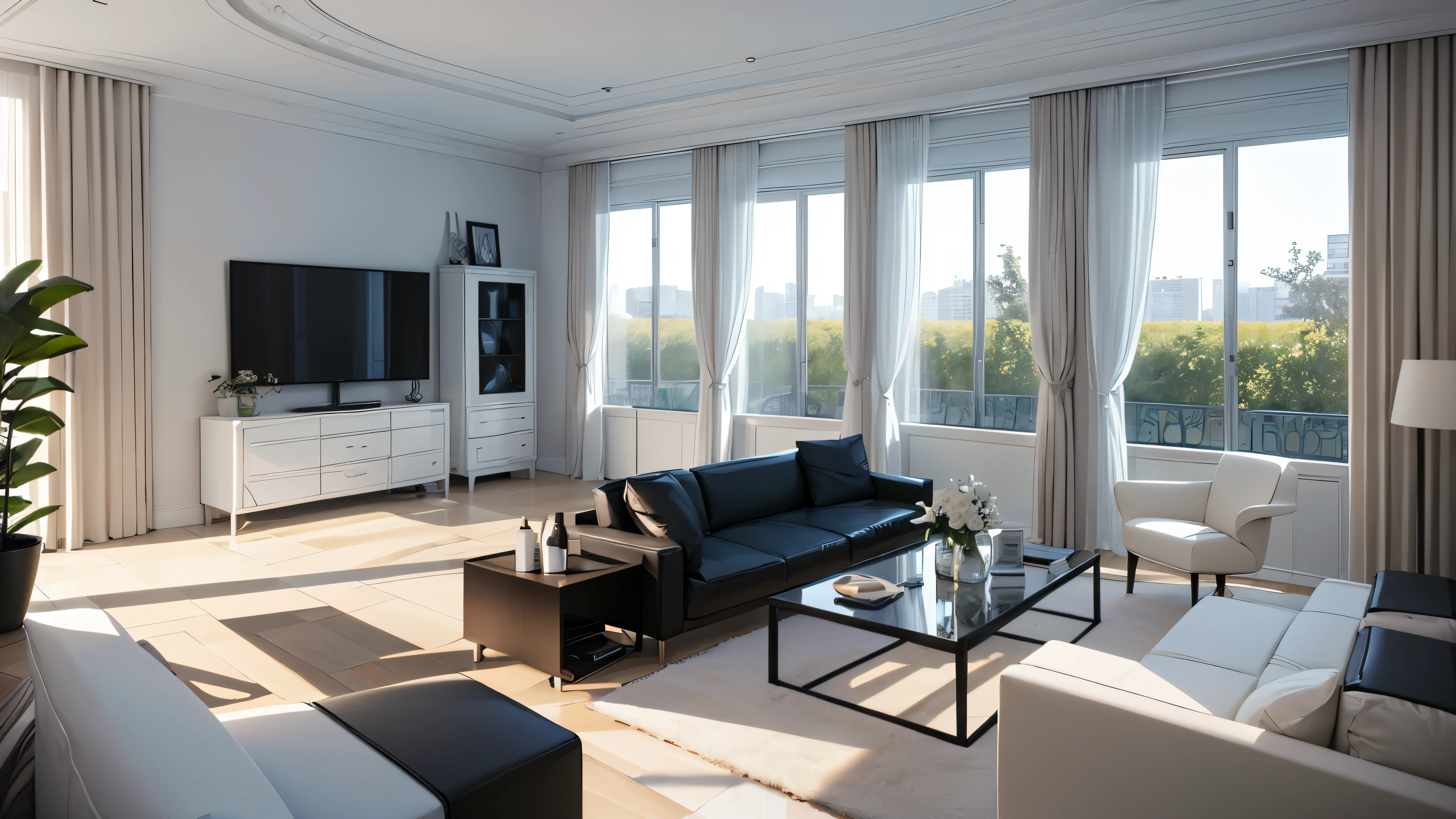You are a famous interior designer、You have been asked to create a 3D image of a modern large room. Create a harmonious environment with modern and minimalist furniture. Including garden interior.