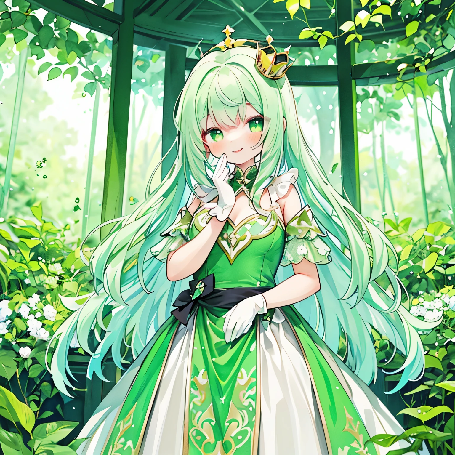 One girl, White and green wavy hair, beautiful hair, beautiful composition, depth of field, beautiful soft illustration, watercolor style, light green hair, clover, many clover ♣️, Queen's crown (slit dress) lace gloves (yellow green lace gloves) green slim dress (one hand on waist), beautiful smile, Queen's majesty, Green Castle, Beautiful Queen, Details, Sparkling, Green and Dark Green, Club ♣ Scattered, Smile