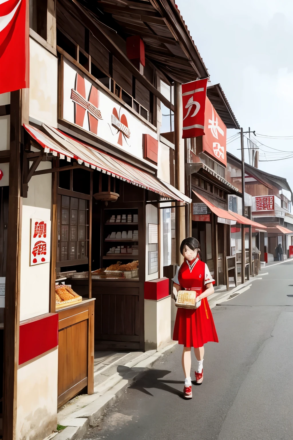 The old-style flag of KFC in the ancient town is worn by a girl wearing Chinese clothes. The signs hanging on the storefronts on the street are all modern signboards, such as KFC and McDonald's.