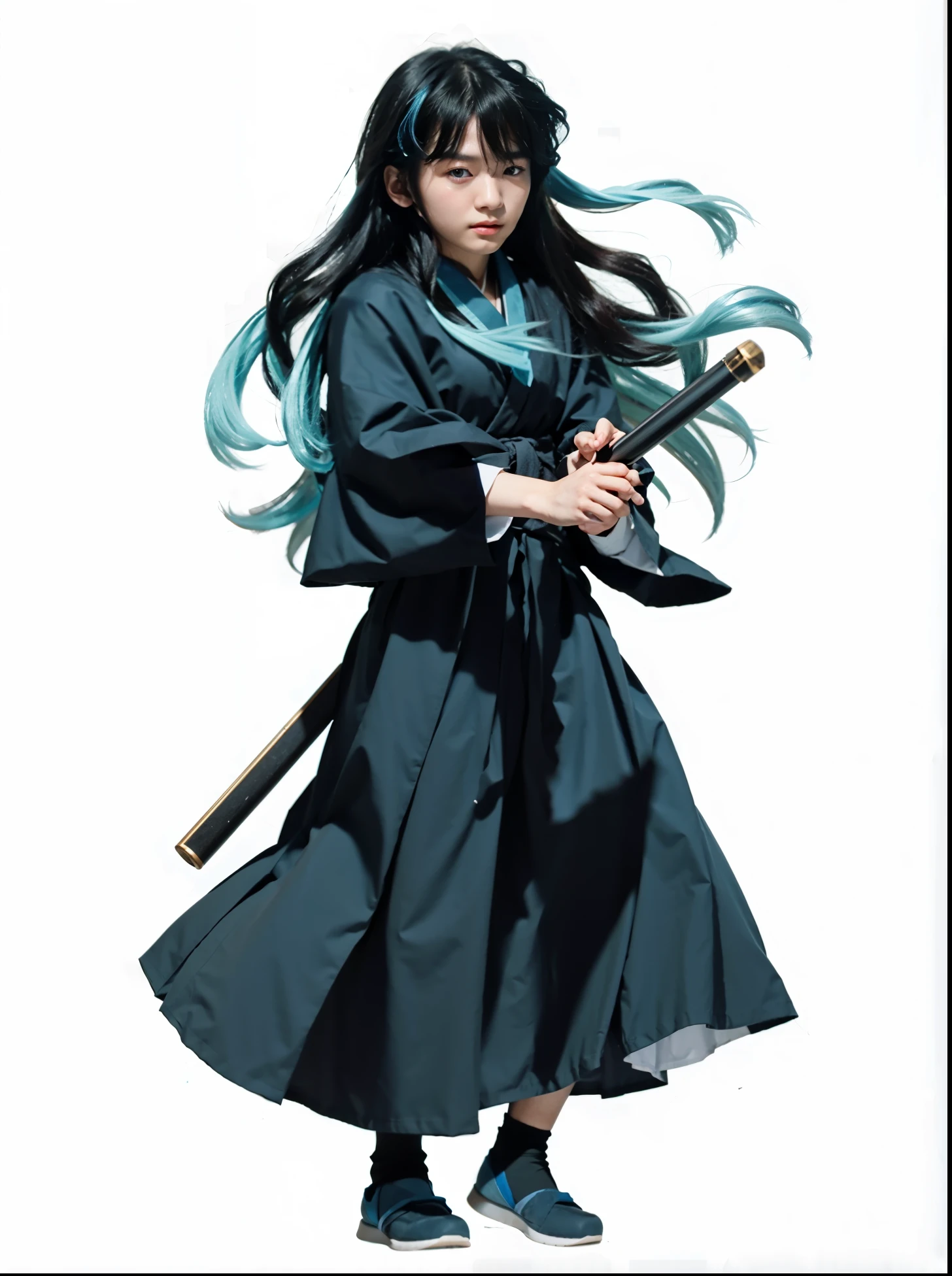 Young Korean boy, white skin, handsome male face, blue eyes, long black hair, light blue at the tips, black robes.