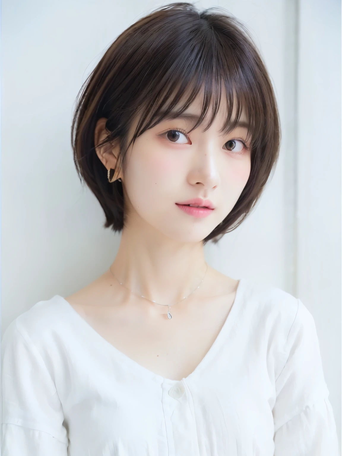 (highest quality、8K、32K、masterpiece、nffsw:1.2)、photo of cute japanese woman、very short bobbed hair、Upper body、necklace、shot from above、Don&#39;Don&#39;don&#39;t look at the audience、(realistic、Photoreal:1.37)、1 girl、Shot in natural light、Physically based rendering、excellent image quality、High resolution、1080P、(Detailed facial description)、(Detailed explanation of hands)、(Detailed CG)、Rich details、(exquisite features)、(best image quality)、(masterpiece)、(fine eyes)、delicate clavicle、Versatile poses、profile、white wall、Taken in front of the white door、(窓のあるwhite wallの部屋)、earrings、laughter、Spring clothes、 shortcut、short hair、((white blouse))
