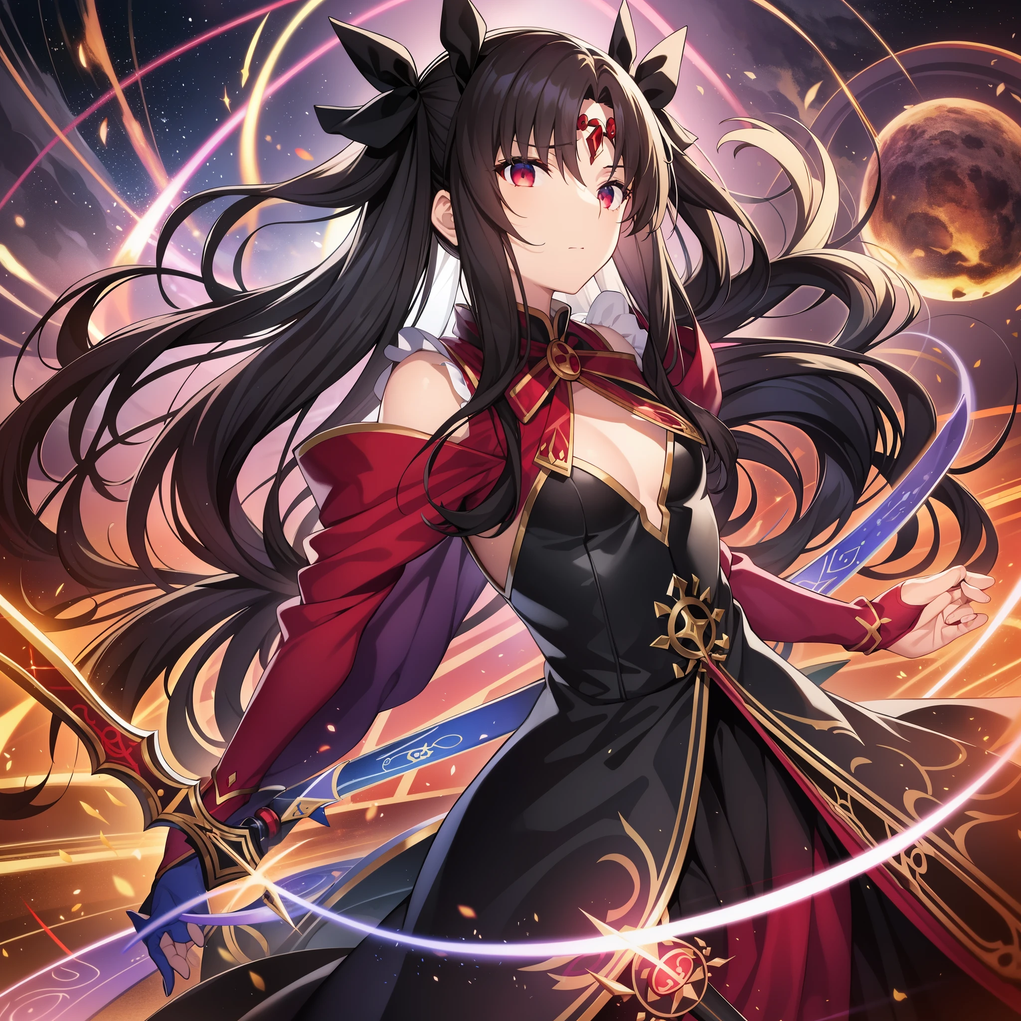 Countless magic circles、Countless magic circles、Fate/stay Night、Fate/Grand/Order、Tohsaka　Rin、Ishtar、Ereshkigal、black hair、twin tails、black ribbon、red eyes、magician、Use of five elements（average one）、Magic Circuitのタトゥー、Magic Circuit、、five rotating stars、The strongest counter dedicated to the five elements、jeweler、jewel magic、Holy Grail War、Ishtar、Ereshkigal、Red Devil、Tsundere、gund、Rune magic、Gem Sword Zelrich、Slash of Light、
