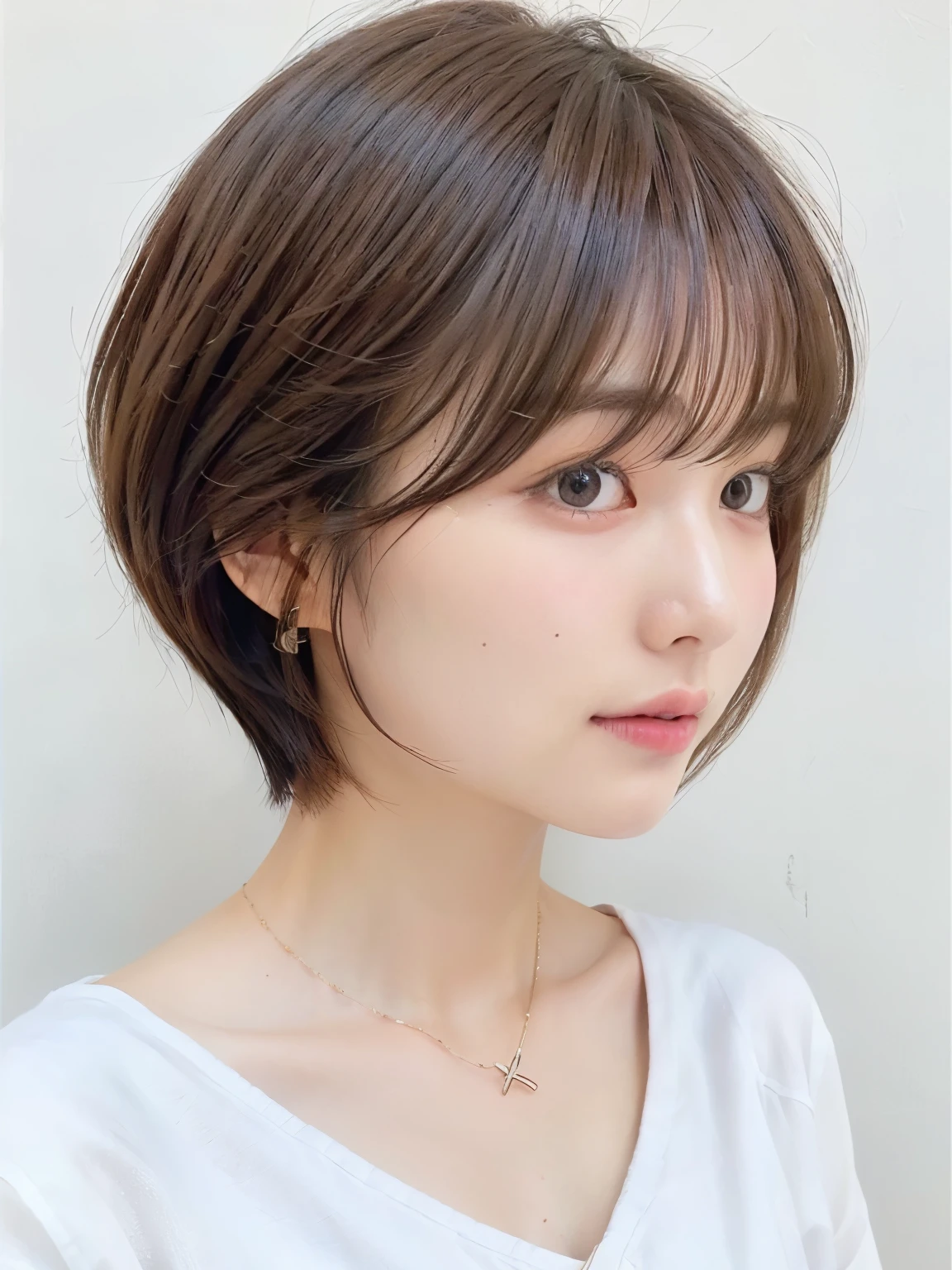 (highest quality、8K、32K、masterpiece、nffsw:1.2)、photo of cute japanese woman、very short bobbed hair、Upper body、necklace、shot from above、Don'Don'don't look at the audience、(realistic、Photoreal:1.37)、1 girl、Shot in natural light、Physically based rendering、excellent image quality、High resolution、1080P、(Detailed facial description)、(Detailed explanation of hands)、(Detailed CG)、Rich details、(exquisite features)、(best image quality)、(masterpiece)、(fine eyes)、delicate clavicle、Versatile poses、profile、white wall、Taken in front of the white door、(窓のあるwhite wallの部屋)、earrings、laughter、Spring clothes、 shortcut、short hair、((white blouse))