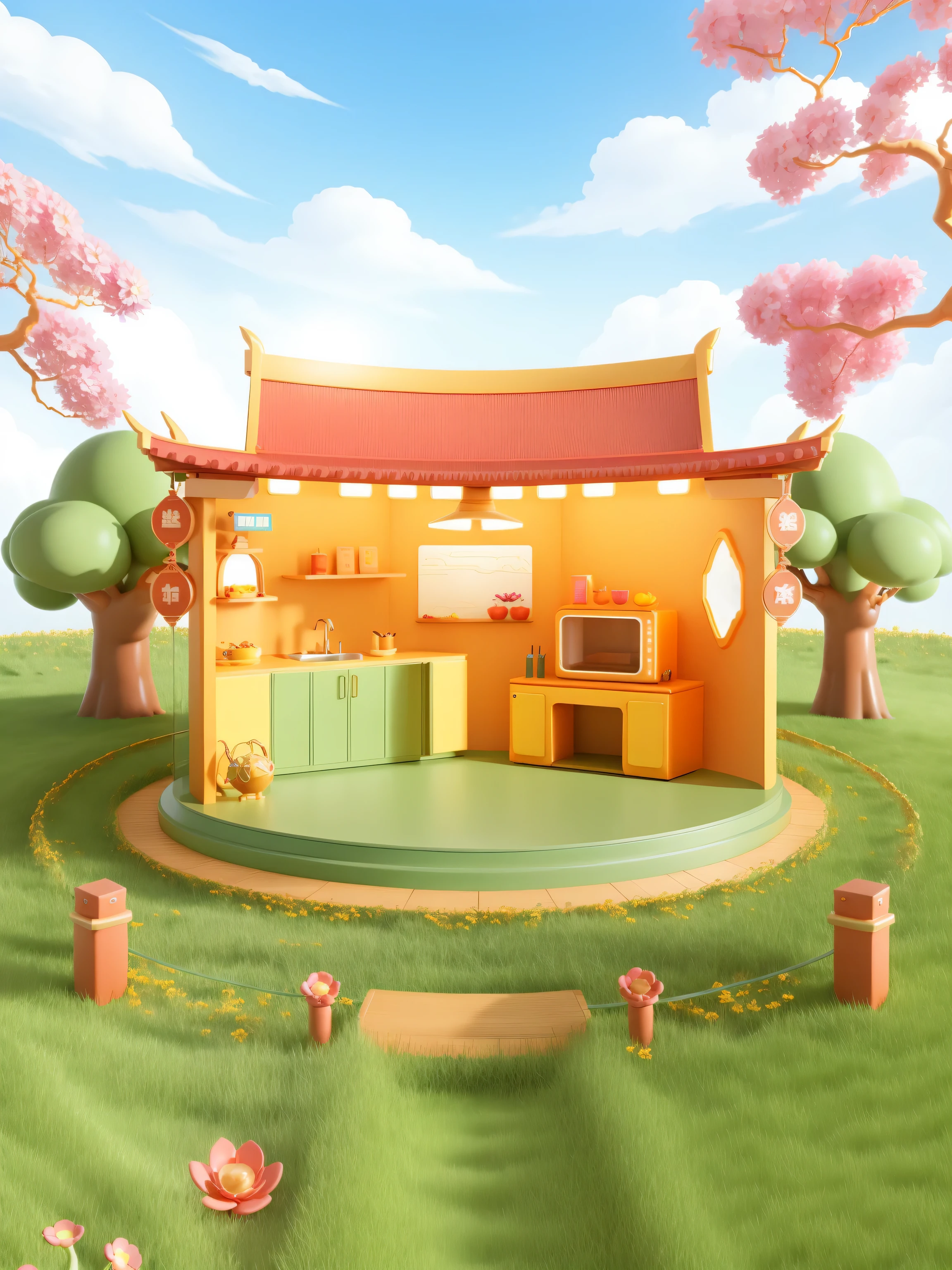 3ddianshang\(style\),Round booth, Wallet, flower, Grass, cellular phone, Sky, cartoon tree, cloud, 3d rendering, 3Dstyle, spring, Lovely feeling