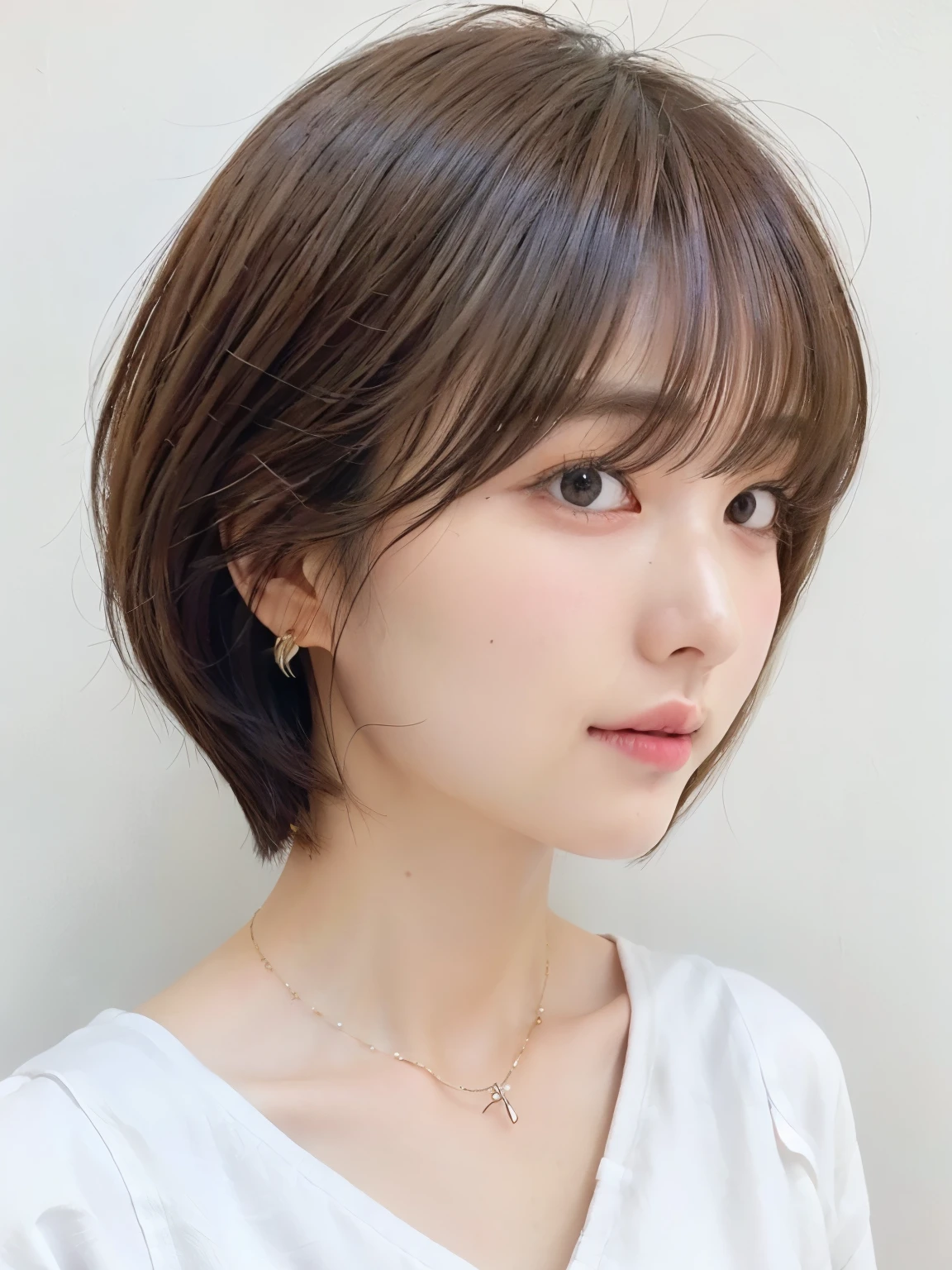 (highest quality、8K、32K、masterpiece、nffsw:1.2)、photo of cute japanese woman、very short bobbed hair、Upper body、necklace、shot from above、Don&#39;Don&#39;don&#39;t look at the audience、(realistic、Photoreal:1.37)、1 girl、Shot in natural light、Physically based rendering、excellent image quality、High resolution、1080P、(Detailed facial description)、(Detailed explanation of hands)、(Detailed CG)、Rich details、(exquisite features)、(best image quality)、(masterpiece)、(fine eyes)、delicate clavicle、Versatile poses、profile、white wall、Taken in front of the white door、(窓のあるwhite wallの部屋)、earrings、laughter、Spring clothes、 shortcut、short hair、((white blouse))