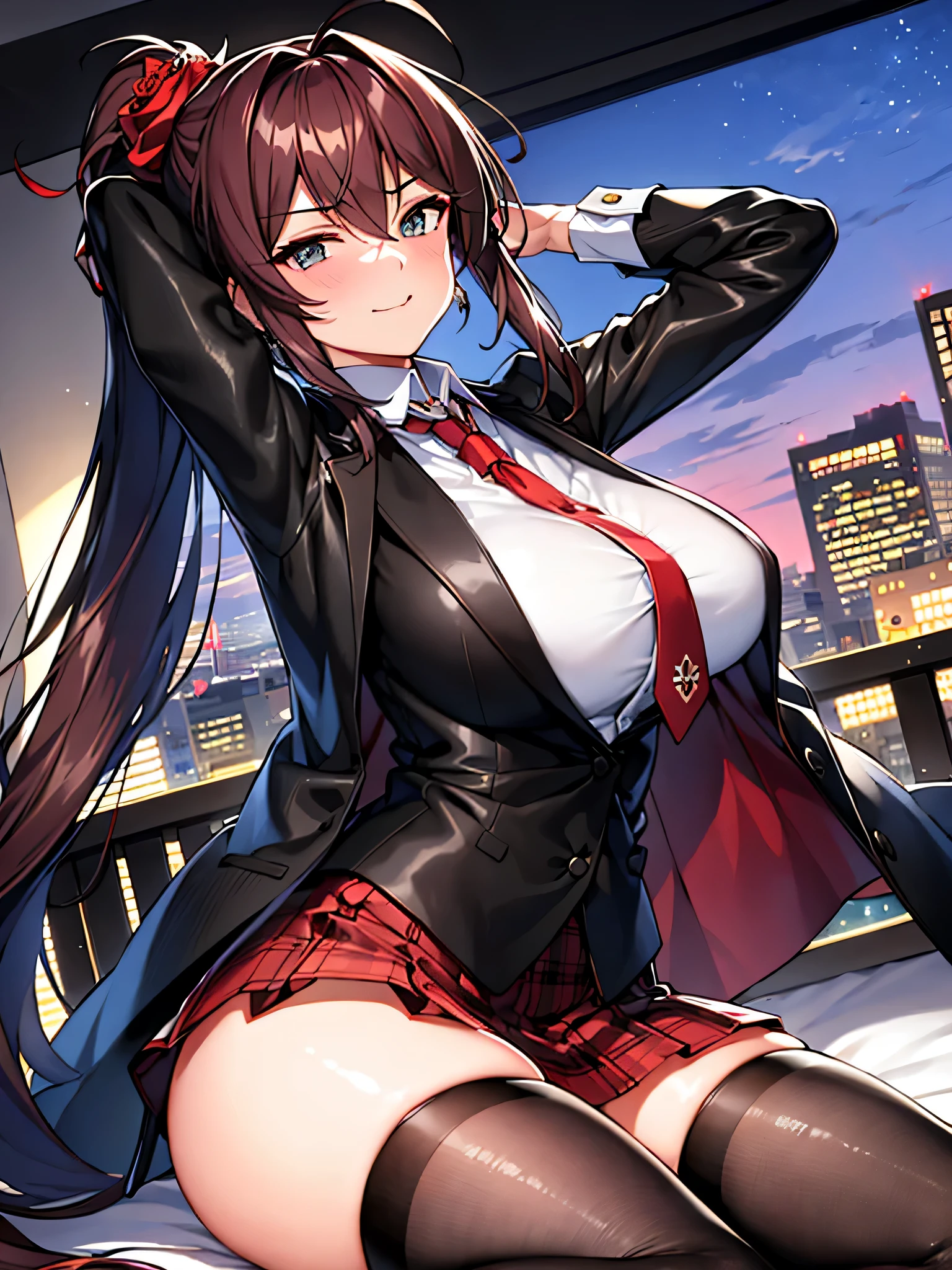 masterpiece, best quality, super detailed, illustrexistion, warm Lighting, bright colors, 1 girl,alone, long hair, very long hair, Chidong, arms crossed, amused, sitting, office, office work,

action, Alcohol, Bangs, Black_jacket, blue_Eye, boobgasm, Brown_hair, Brown_Vest, buttons, closure_Mouth, collaRed_shirt, Double boobgasmed, skirt_shirt, flower, Gloves, hair_between_Eye, hair_flower, hair_decorate, hair_exceed_Eye, jacket, Light_particle, long_sleeve, watch_exist_audience, tie, Plaid, Plaid_skirt, pleexisted_skirt, ponytail, Red_flower, Red_tie, Red_Rose, Red_skirt, Rose, shirt, skirt, raise your legs, Vest, arms, white_shirt, absolute_good memory,

 