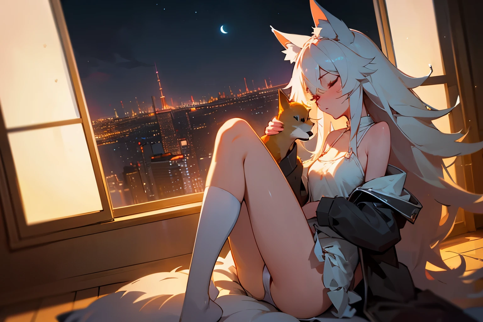1girl, fox girl, fox ears, sexy, lewd, upskirt, mini skirt, crop top, loose open coat jacket, white stockings, bare shoulders, long white hair, flowy white hair, wild white messy hair, long hair, butt length hair, slightly big big fluffy blue tail, reclining, sitting in large windowsill, sitting in large window, sitting_on_window legs up, knees together, holding fox sleeping fox pet, looking down at fox pet, sleepy expression, slight upskirt, lacey panties, condo room, wide open room, big glass windows, moonlight lit room, nighttime, night time, city skyline view outside of window, cityscape, chromatic aberration, skyscraper, city lights, nighttime out side of window, beautiful night sky, masterpiece, dramatic lighting, dynamic light, sleepy vibe, character in focus, dark room, low light,