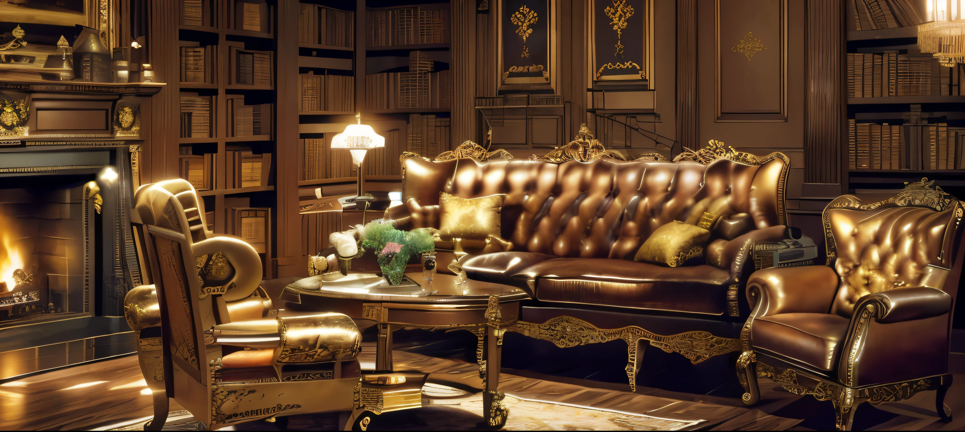 there is a living room with a couch, chair, and fireplace, library in the style of baroque, in opulent library, library background, elegant study, dusty library, fancy library, ornate retreat, steampunk living room, baroque style painting backdrop, alchemist library background, lounging on expensive sofa, lounge background, maximalist art nouveau, library interior background, grand library