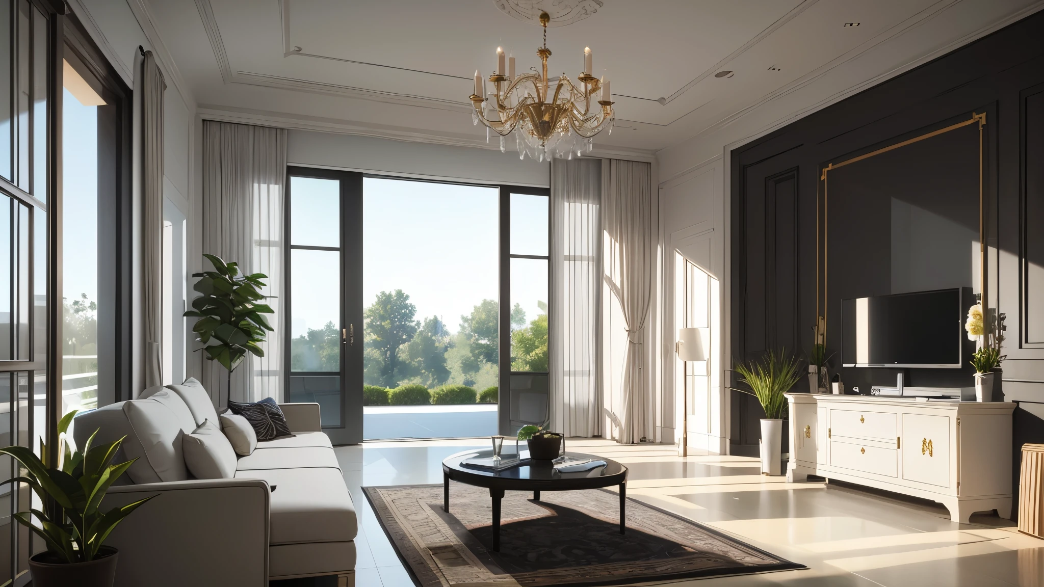 You are a famous interior designer、You have been asked to create a 3D image of a modern large room. Create a harmonious environment with modern and minimalist furniture. Including garden interior.