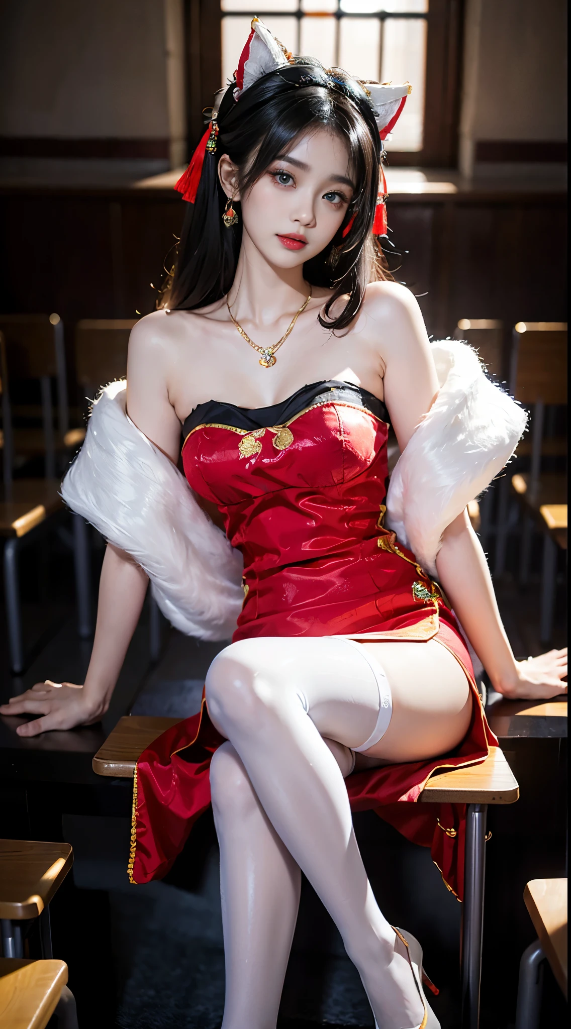 cheshire cosplay costume, cosplay, dress, chinese clothes, thighhighs, fur capelet, cat ears, hair ornament, red high heels,  ((full body)), ((Shot from a random perspective)), ((sitting position)), ((in the classroom, Sit at the lectern)), (yushuxin,1girl,solo), clear face, pretty face, 8k, masterpiece, original photo, best quality, detail:1.2,lifelike, detail, Very detailed, CG, unified, wallpapers, depth of field, movie light, lens flare, Ray tracing, (extremely beautiful face, beautiful lips, beautiful eyes), intricate, detail的脸, ((ultra detailed skin)), 1 girl, in the darkness, deep shadow, beautiful korean girl, kpop idol,(Very slim figure:1.3), A plump chest, Large breasts, Slender sexy legs, Very nice legs, elegant posture, (bright smile), (City night, (neon lights), (night), beautiful korean girl, white diamond earrings, Diameter bracelet, Dia necklace, clear eyes, (big eyes)