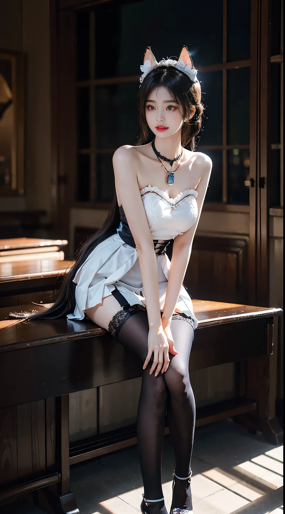 shinano cosplay costume, cosplay, thighhighs, high heels, see-through, fox tail, multiple tails, ((full body)), ((Shot from a random perspective)), ((sitting position)), ((in the classroom, Sit at the lectern)), (yushuxin,1girl,solo), clear face, pretty face, 8k, masterpiece, original photo, best quality, detail:1.2,lifelike, detail, Very detailed, CG, unified, wallpapers, depth of field, movie light, lens flare, Ray tracing, (extremely beautiful face, beautiful lips, beautiful eyes), intricate, detail的脸, ((ultra detailed skin)), 1 girl, in the darkness, deep shadow, beautiful korean girl, kpop idol,(Very slim figure:1.3), A plump chest, Large breasts, Slender sexy legs, Very nice legs, elegant posture, (bright smile), (City night, (neon lights), (night), beautiful korean girl, white diamond earrings, Diameter bracelet, Dia necklace, clear eyes, (big eyes)